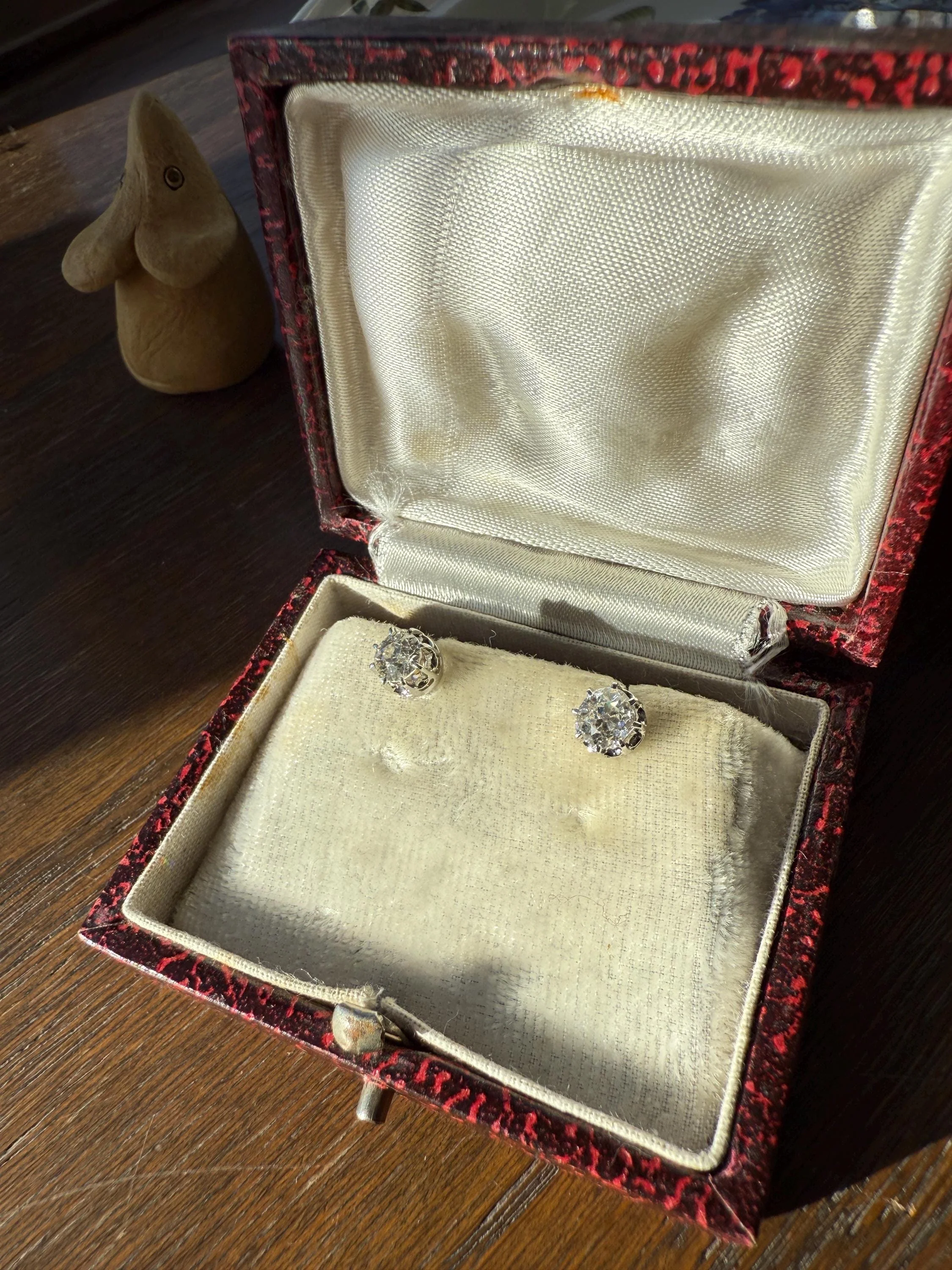 BOXED Eye Clean Antique 1.1 Carat Tdw Old Mine Cut Diamond Earrings 18k White Gold Platinum Studs French Stud in Box - Image 2