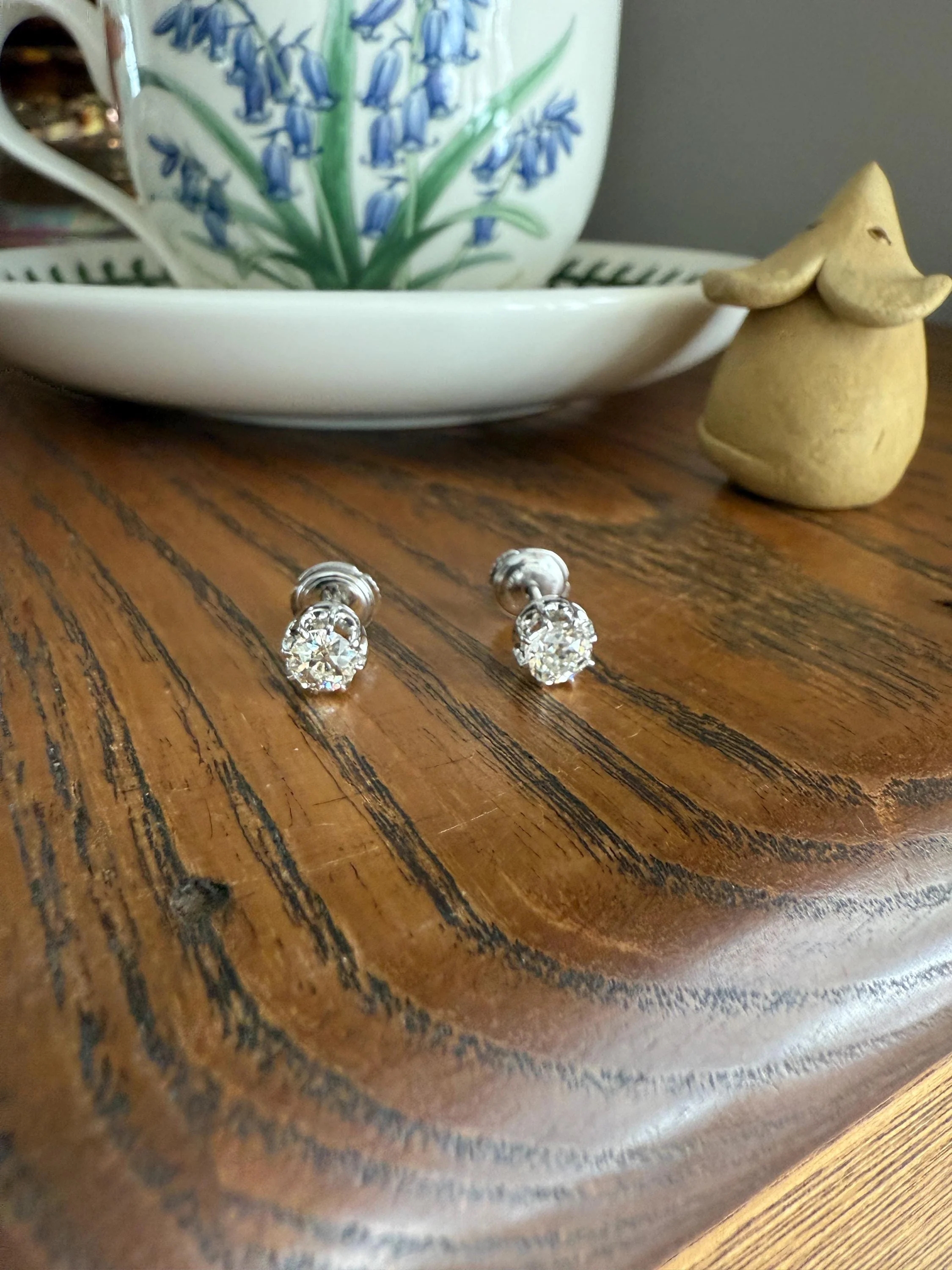 BOXED Eye Clean Antique 1.1 Carat Tdw Old Mine Cut Diamond Earrings 18k White Gold Platinum Studs French Stud in Box - Image 20