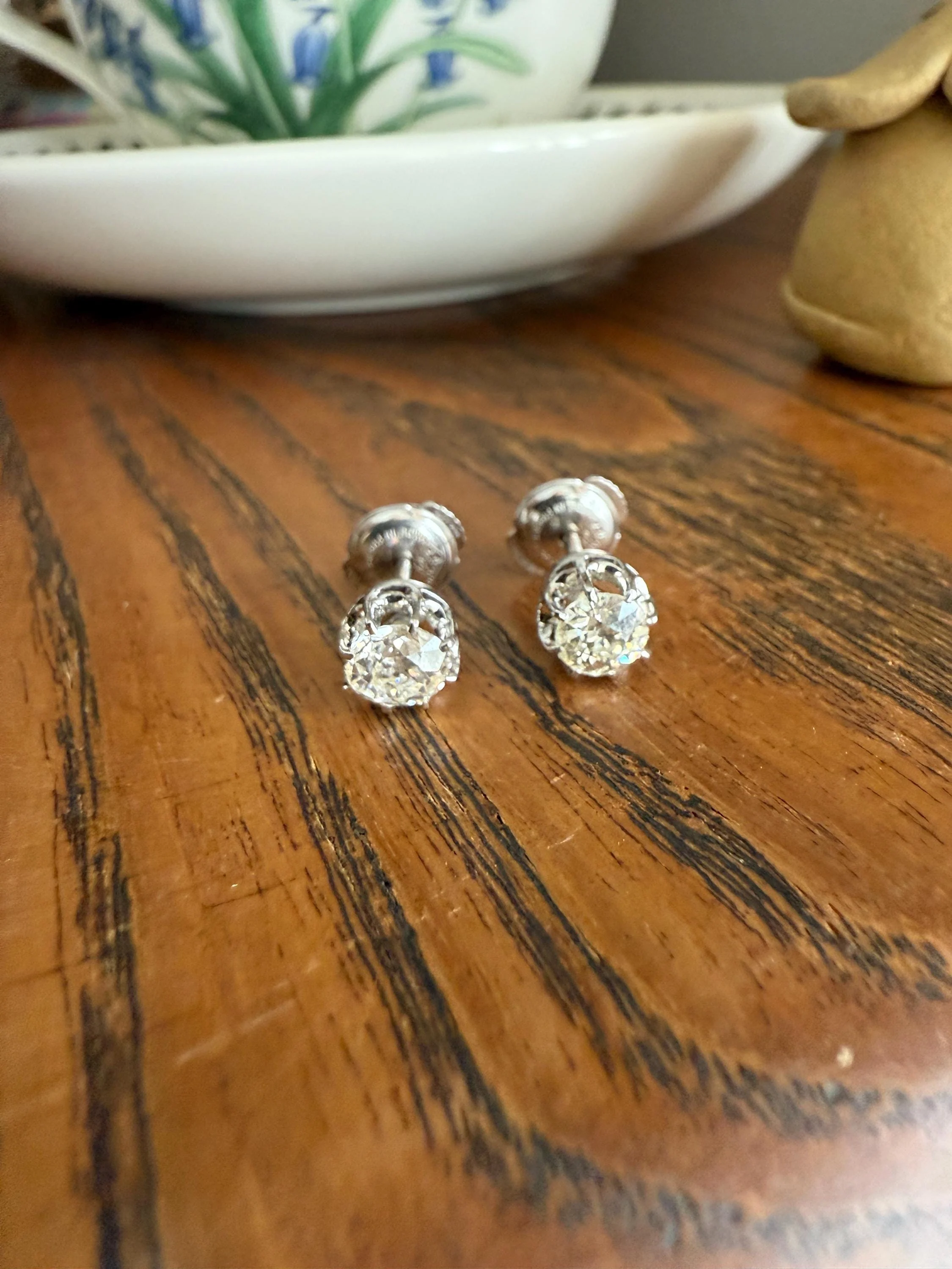 BOXED Eye Clean Antique 1.1 Carat Tdw Old Mine Cut Diamond Earrings 18k White Gold Platinum Studs French Stud in Box - Image 5