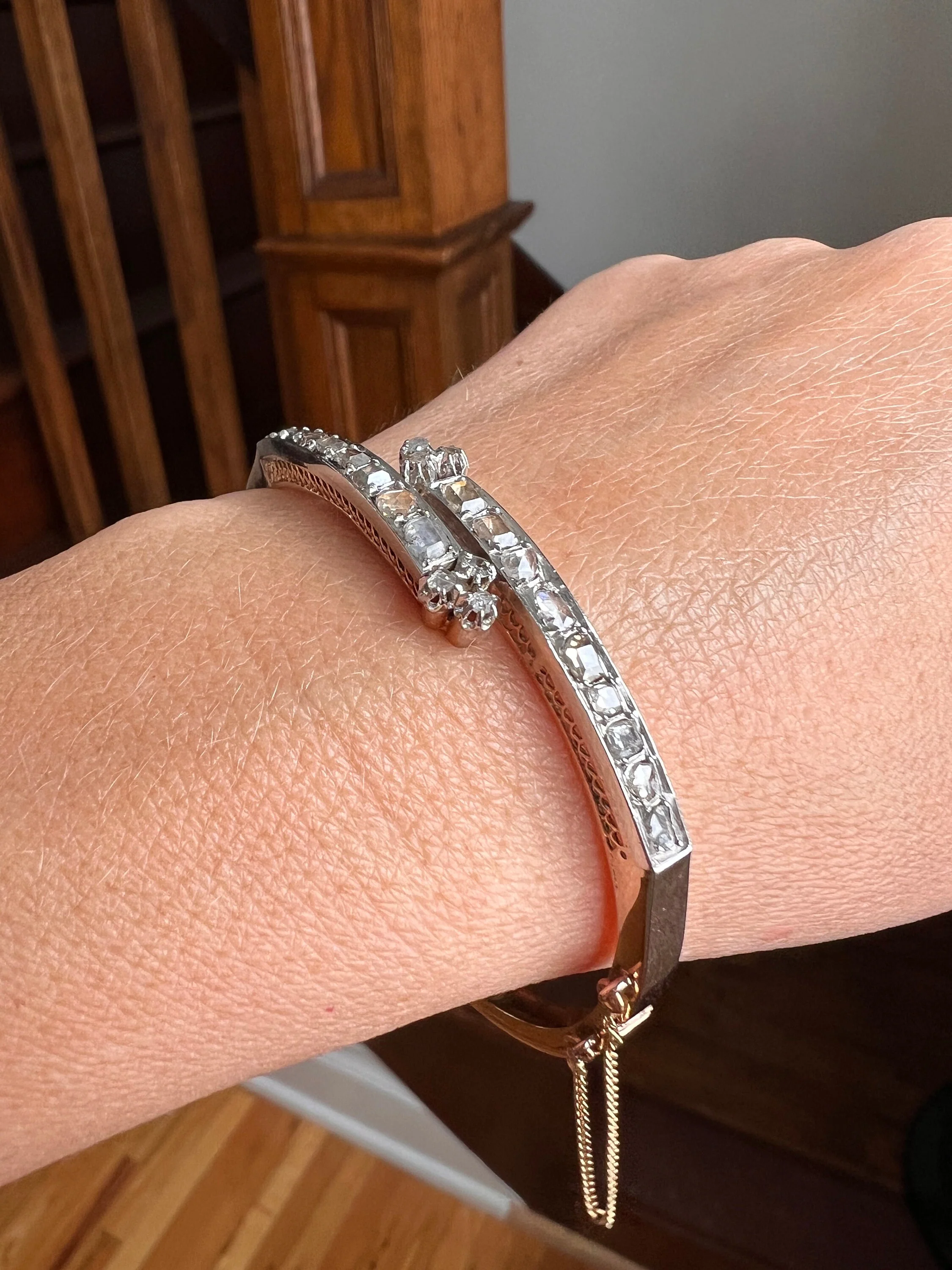 Boxed FRENCH Antique 24 TABLE Cut & Rose Cut DIAMOND 2 Carat Linear Clovers Hinged Bangle Bracelet 18k Gold Platinum - Image 3