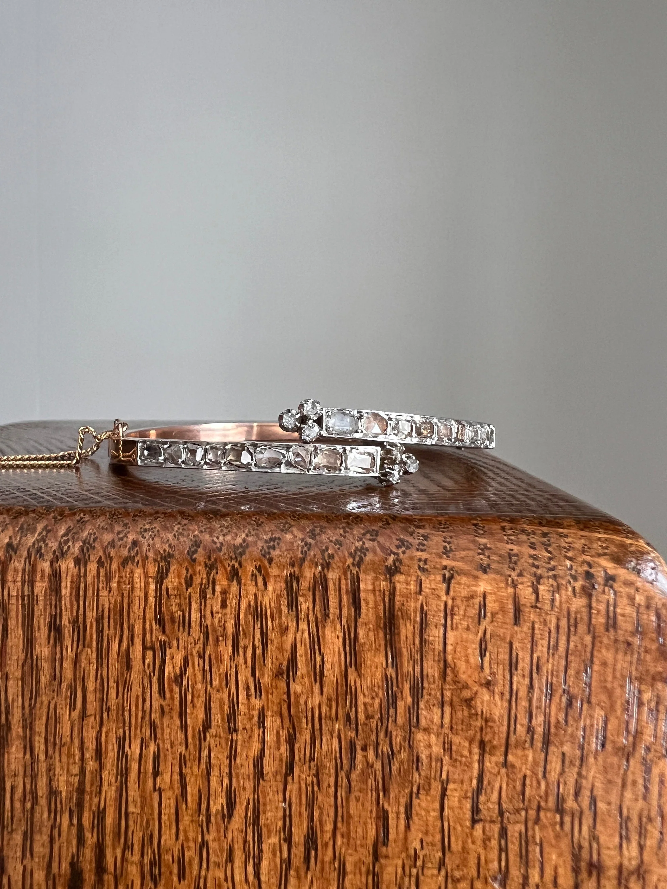 Boxed FRENCH Antique 24 TABLE Cut & Rose Cut DIAMOND 2 Carat Linear Clovers Hinged Bangle Bracelet 18k Gold Platinum - Image 7