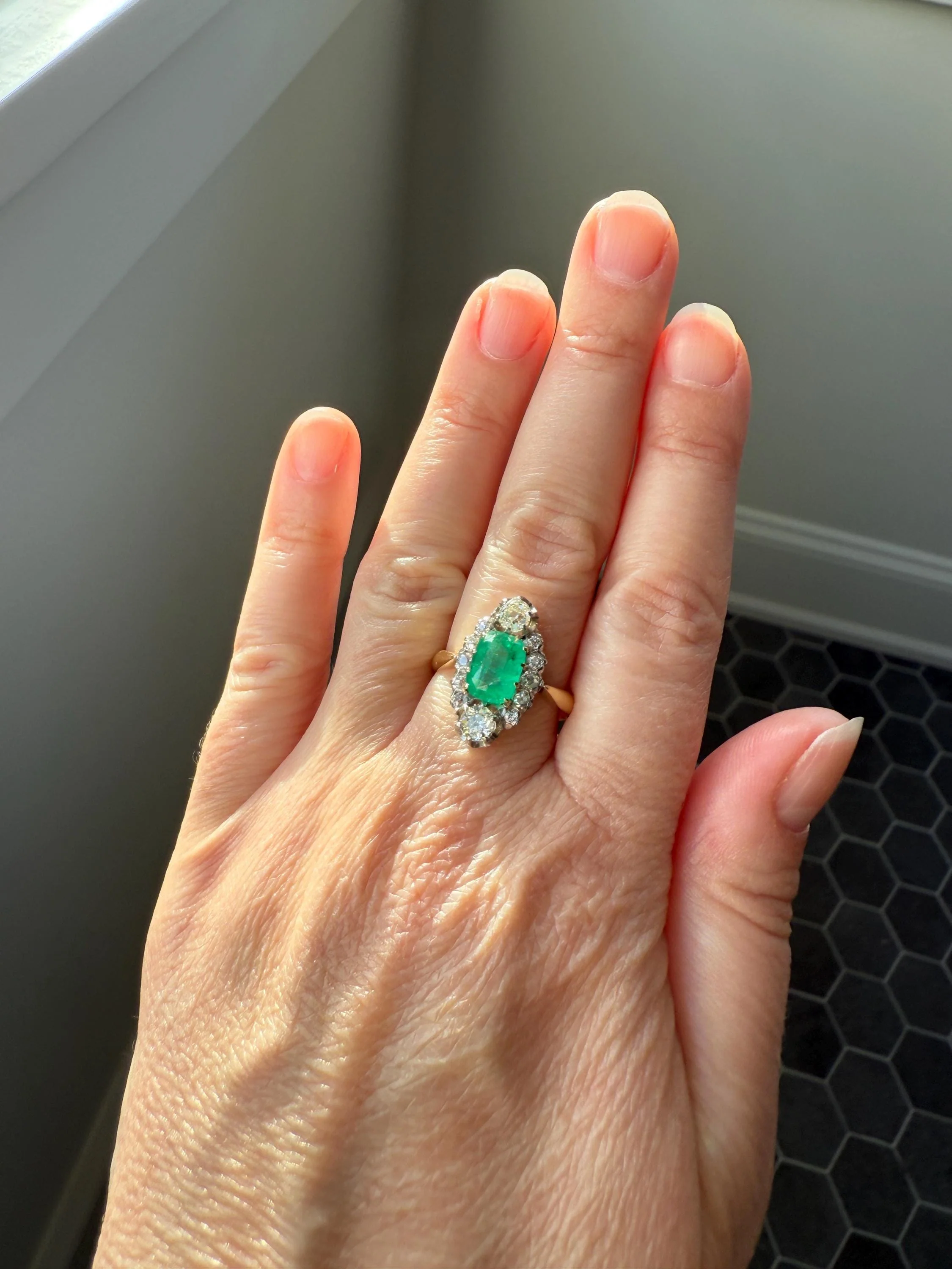 Boxed French Antique Natural Zambia EMERALD w/ Cert & 1.1Ctw Old Mine Cut DIAMOND Halo Ring 18k Gold Platinum Green Belle Epoque Gift OMC - Image 10