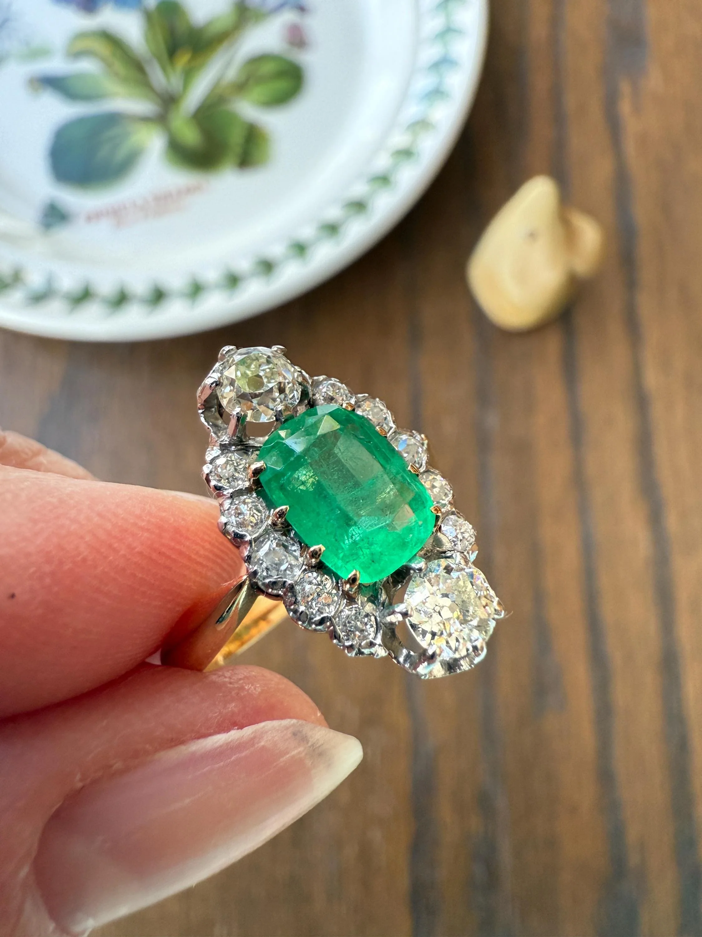 Boxed French Antique Natural Zambia EMERALD w/ Cert & 1.1Ctw Old Mine Cut DIAMOND Halo Ring 18k Gold Platinum Green Belle Epoque Gift OMC - Image 11