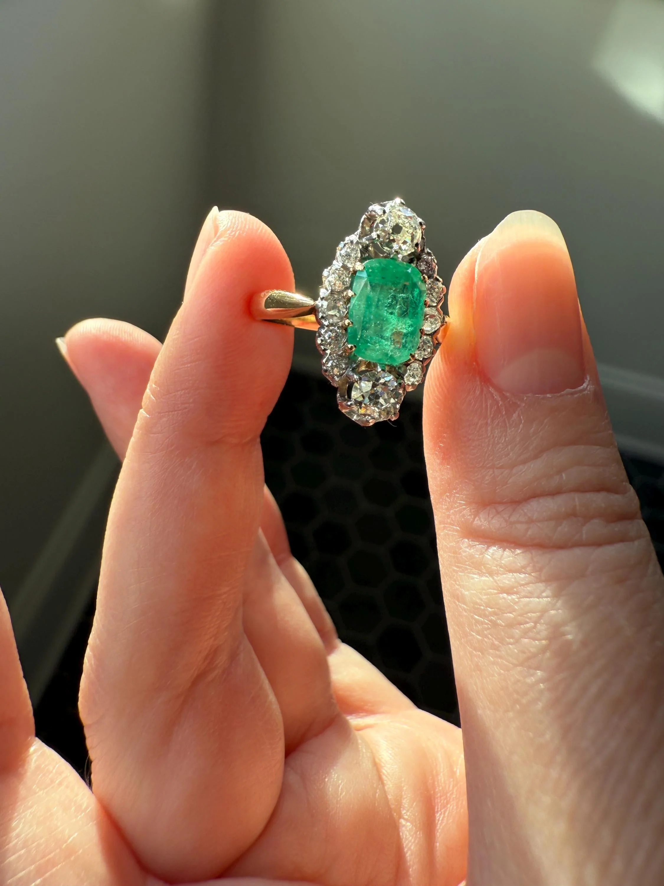 Boxed French Antique Natural Zambia EMERALD w/ Cert & 1.1Ctw Old Mine Cut DIAMOND Halo Ring 18k Gold Platinum Green Belle Epoque Gift OMC - Image 12