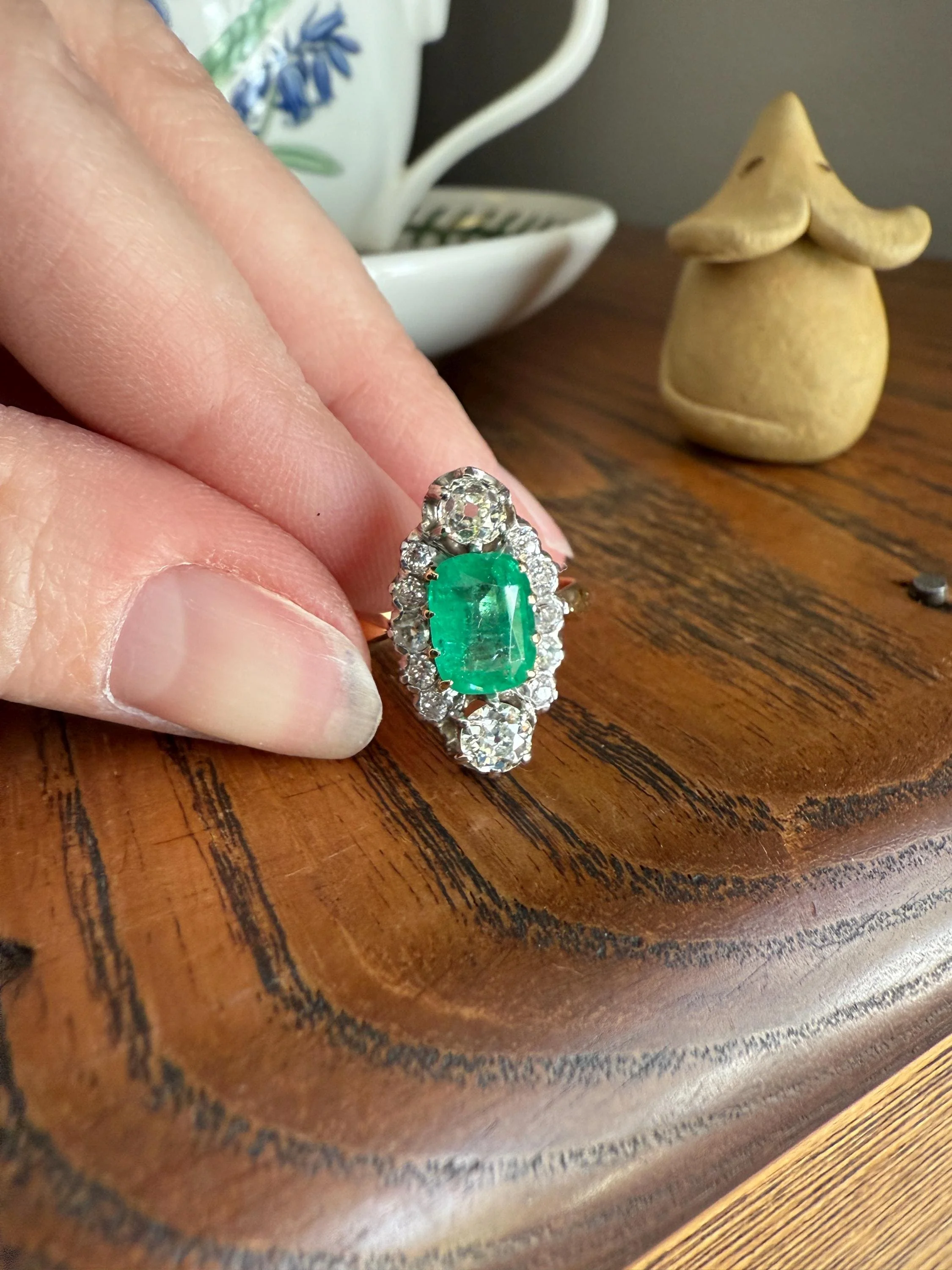 Boxed French Antique Natural Zambia EMERALD w/ Cert & 1.1Ctw Old Mine Cut DIAMOND Halo Ring 18k Gold Platinum Green Belle Epoque Gift OMC - Image 13