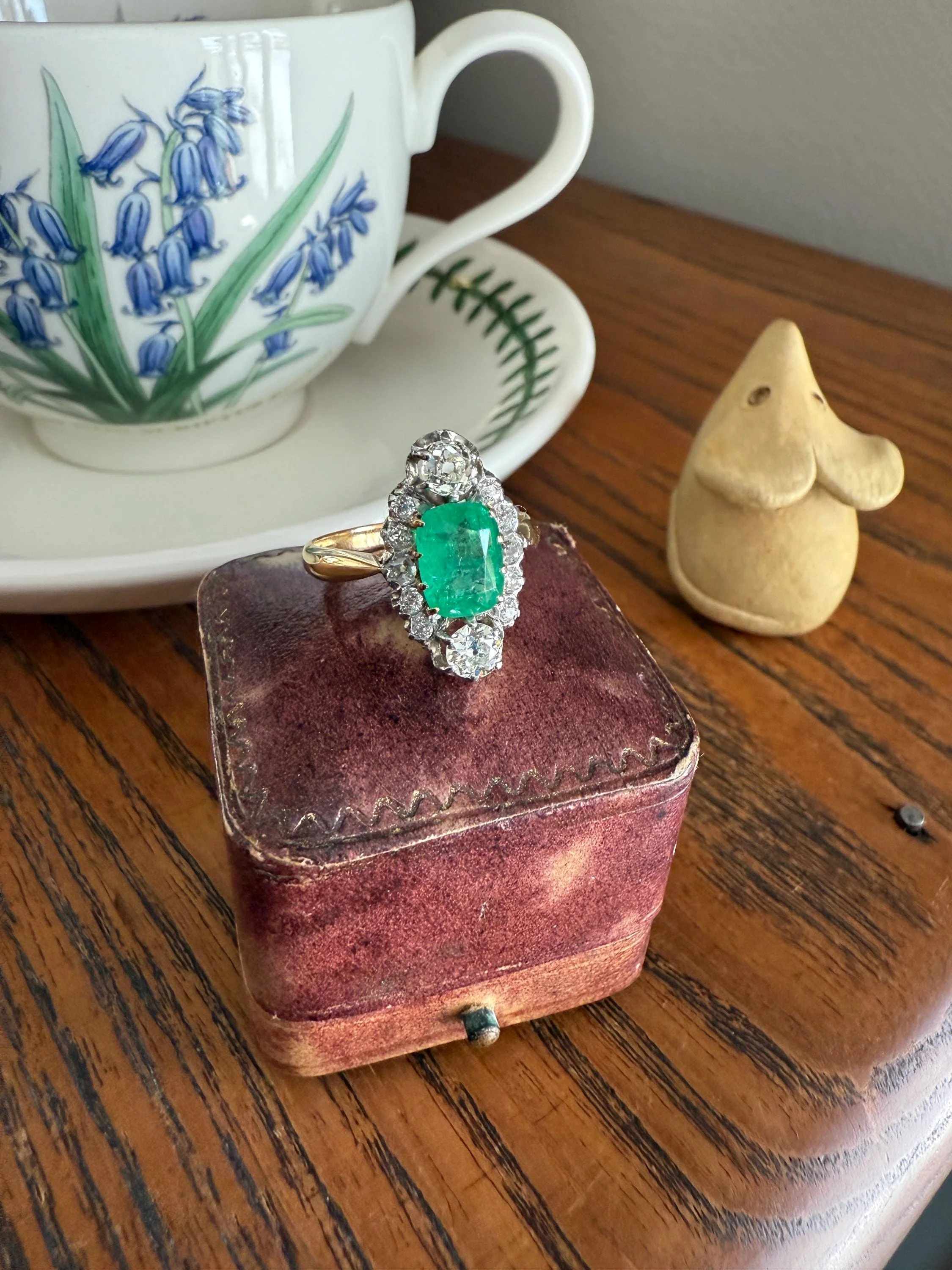 Boxed French Antique Natural Zambia EMERALD w/ Cert & 1.1Ctw Old Mine Cut DIAMOND Halo Ring 18k Gold Platinum Green Belle Epoque Gift OMC - Image 14