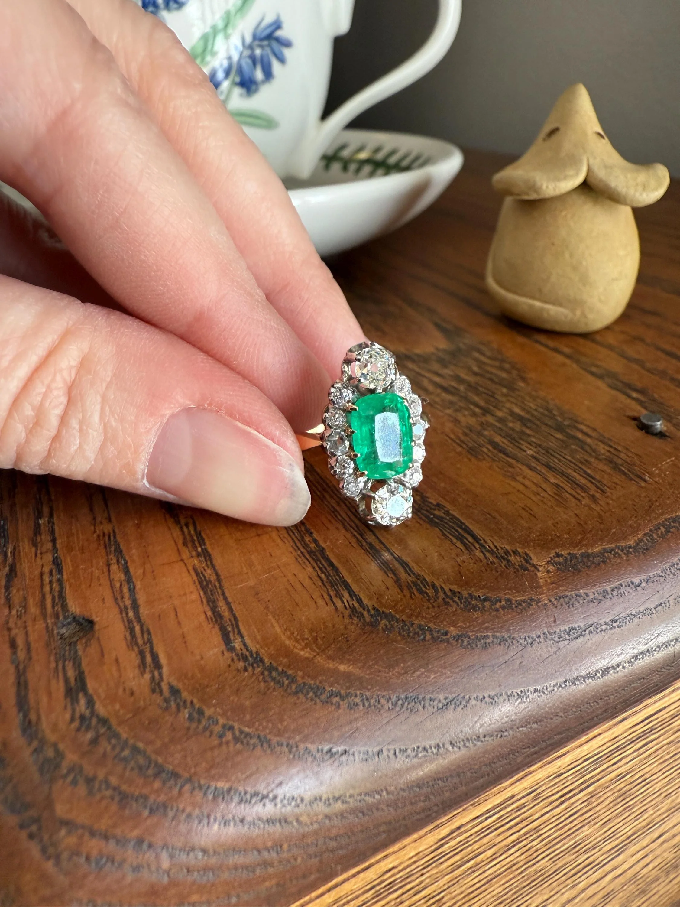 Boxed French Antique Natural Zambia EMERALD w/ Cert & 1.1Ctw Old Mine Cut DIAMOND Halo Ring 18k Gold Platinum Green Belle Epoque Gift OMC - Image 15