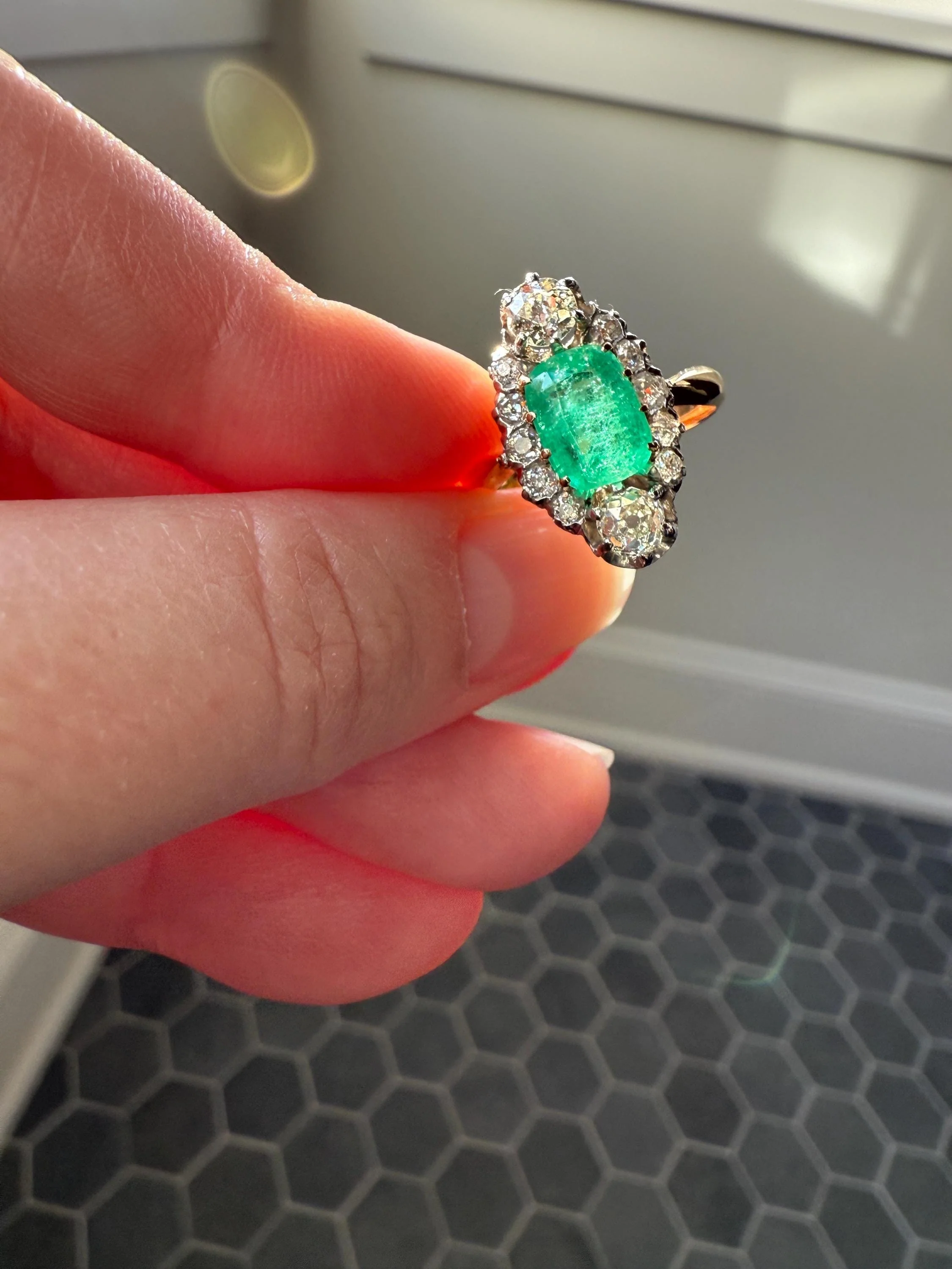 Boxed French Antique Natural Zambia EMERALD w/ Cert & 1.1Ctw Old Mine Cut DIAMOND Halo Ring 18k Gold Platinum Green Belle Epoque Gift OMC - Image 3
