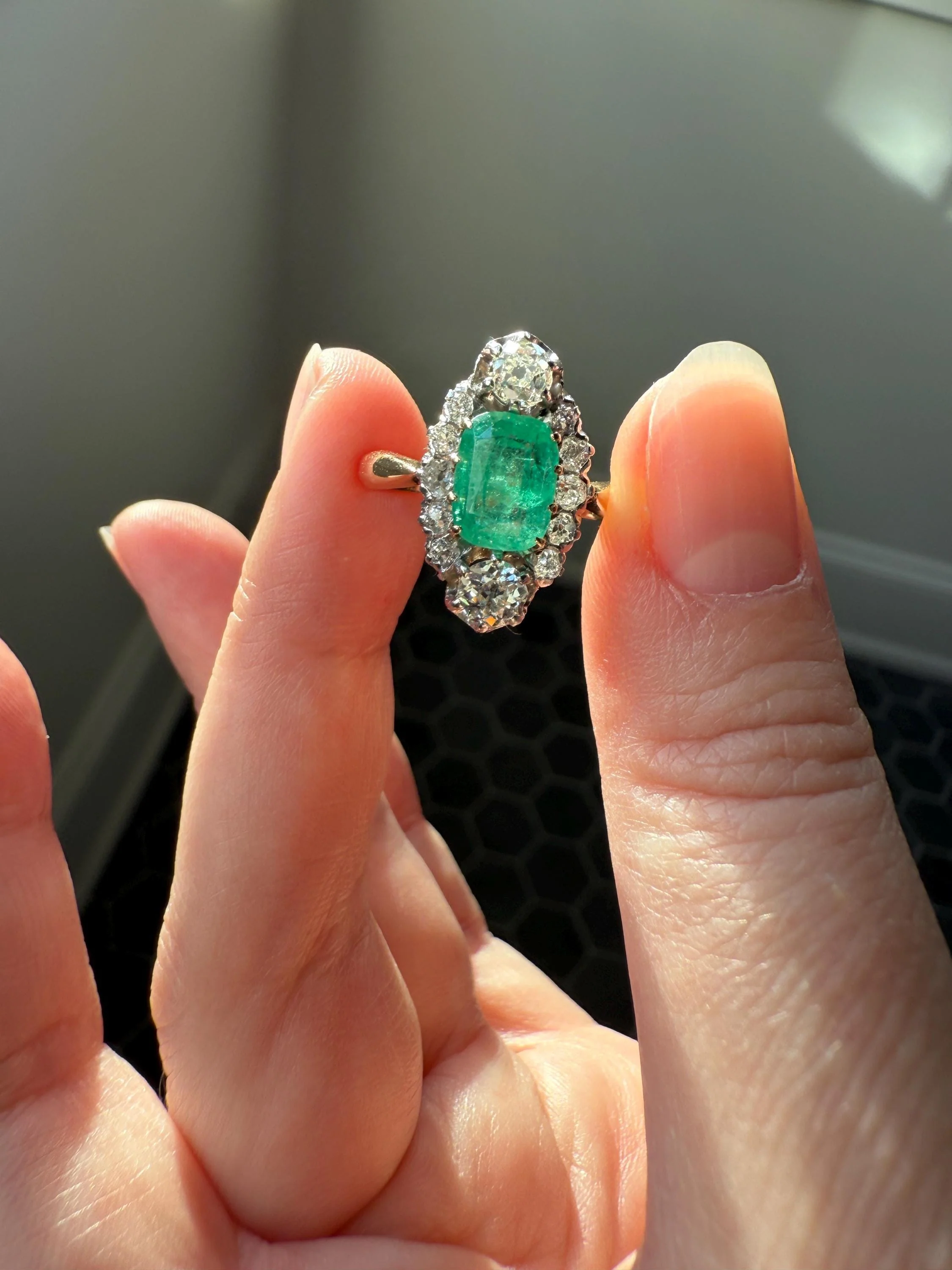 Boxed French Antique Natural Zambia EMERALD w/ Cert & 1.1Ctw Old Mine Cut DIAMOND Halo Ring 18k Gold Platinum Green Belle Epoque Gift OMC - Image 4