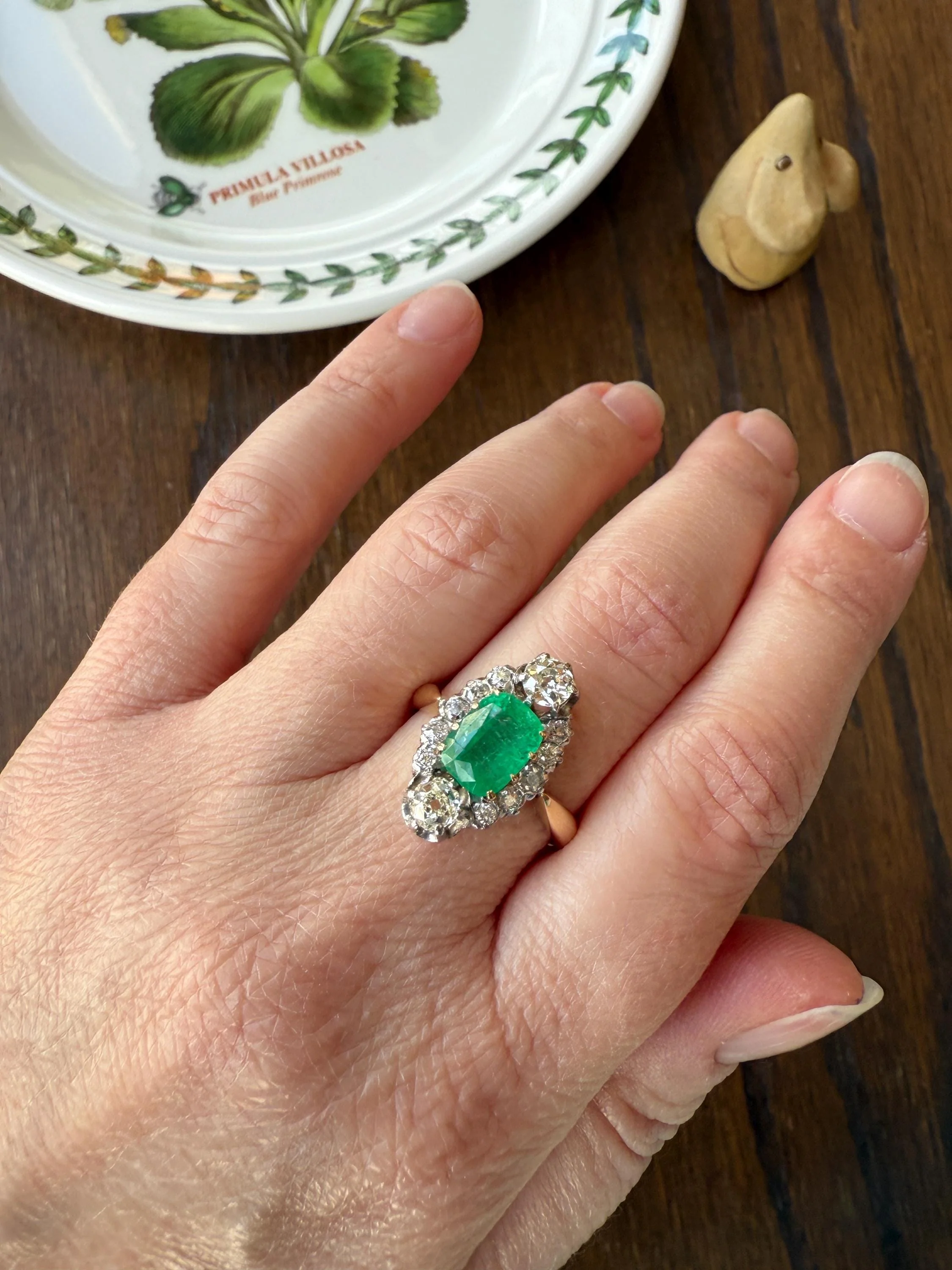 Boxed French Antique Natural Zambia EMERALD w/ Cert & 1.1Ctw Old Mine Cut DIAMOND Halo Ring 18k Gold Platinum Green Belle Epoque Gift OMC - Image 5