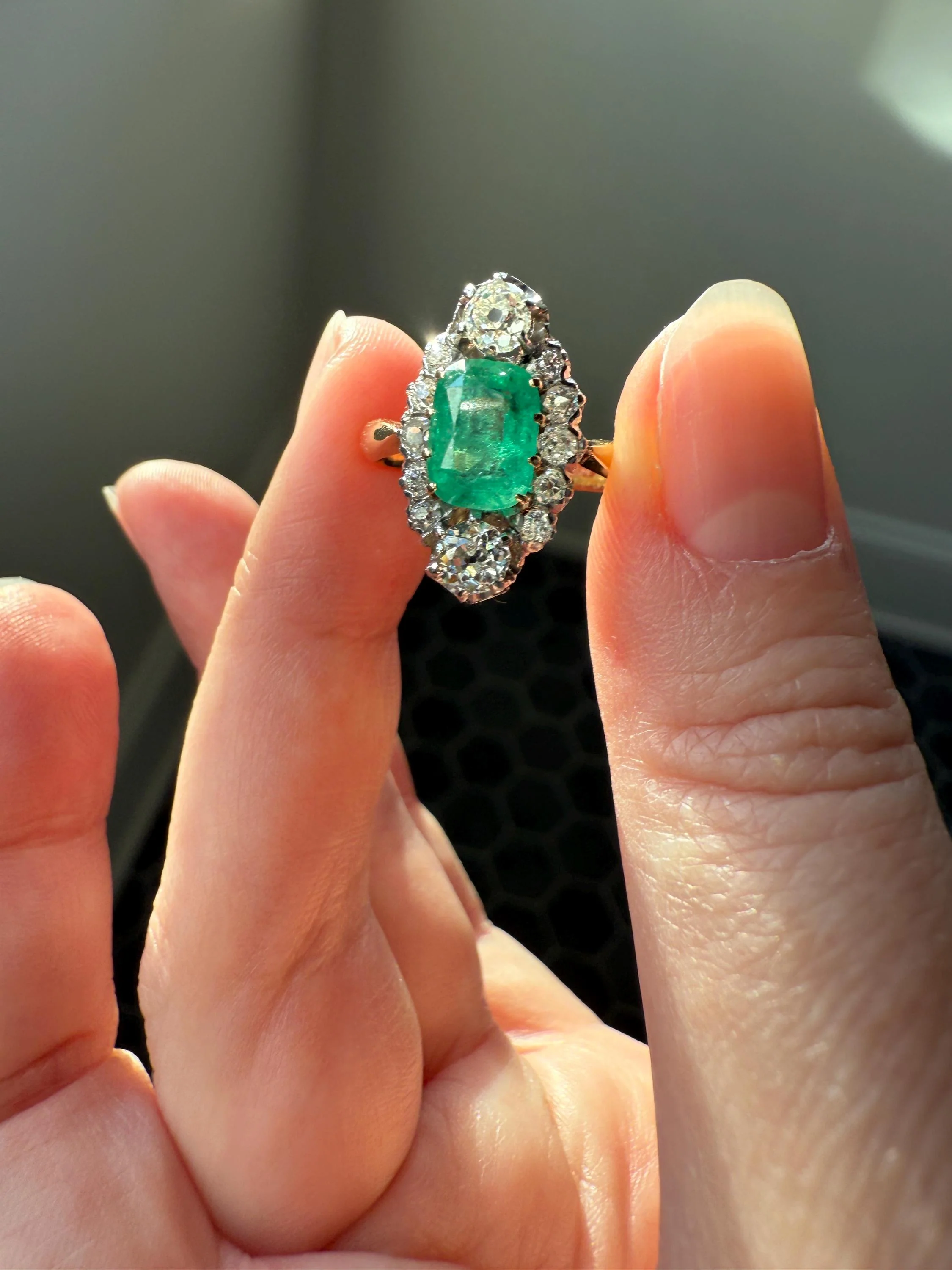 Boxed French Antique Natural Zambia EMERALD w/ Cert & 1.1Ctw Old Mine Cut DIAMOND Halo Ring 18k Gold Platinum Green Belle Epoque Gift OMC - Image 6