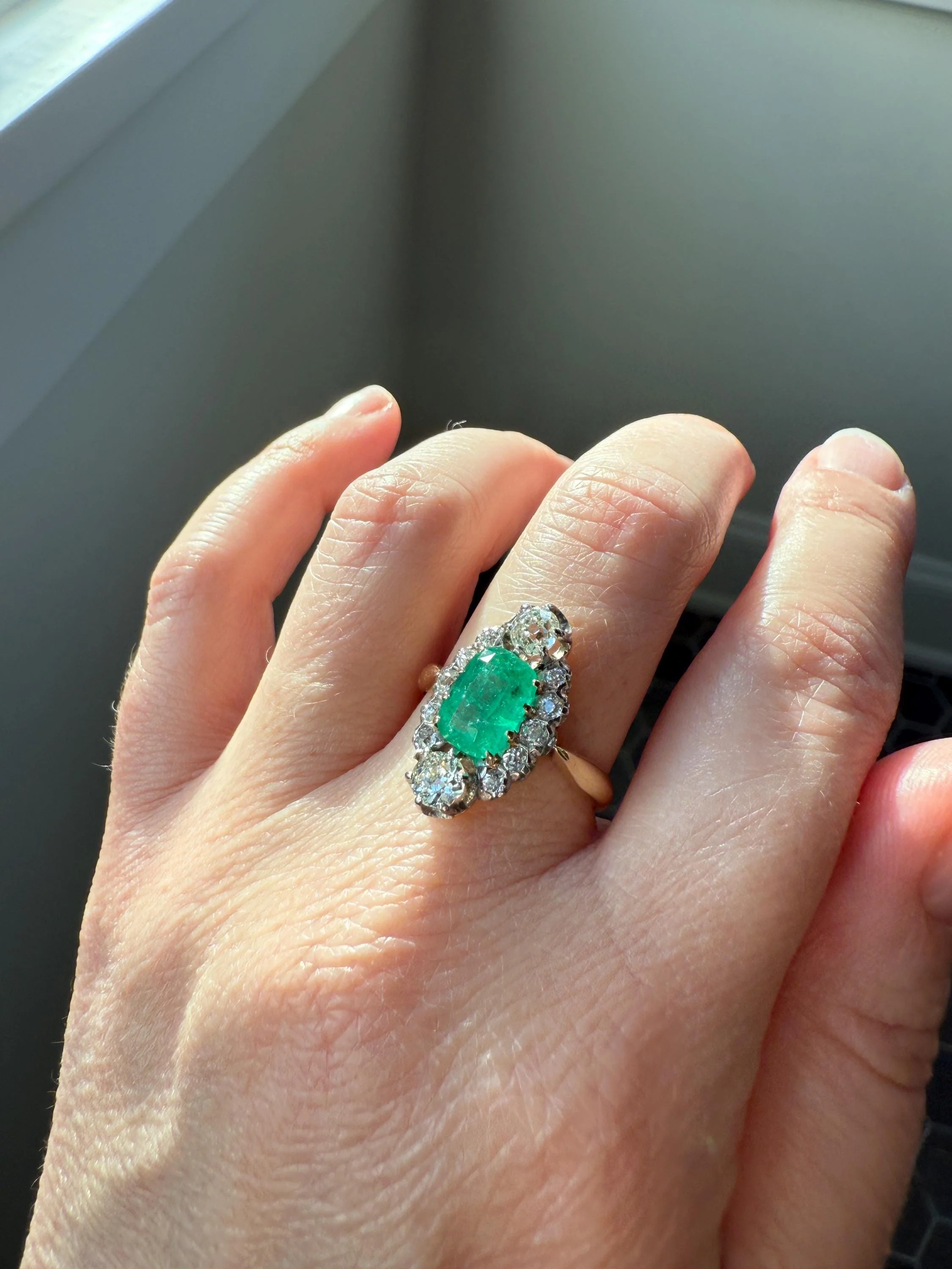 Boxed French Antique Natural Zambia EMERALD w/ Cert & 1.1Ctw Old Mine Cut DIAMOND Halo Ring 18k Gold Platinum Green Belle Epoque Gift OMC - Image 7