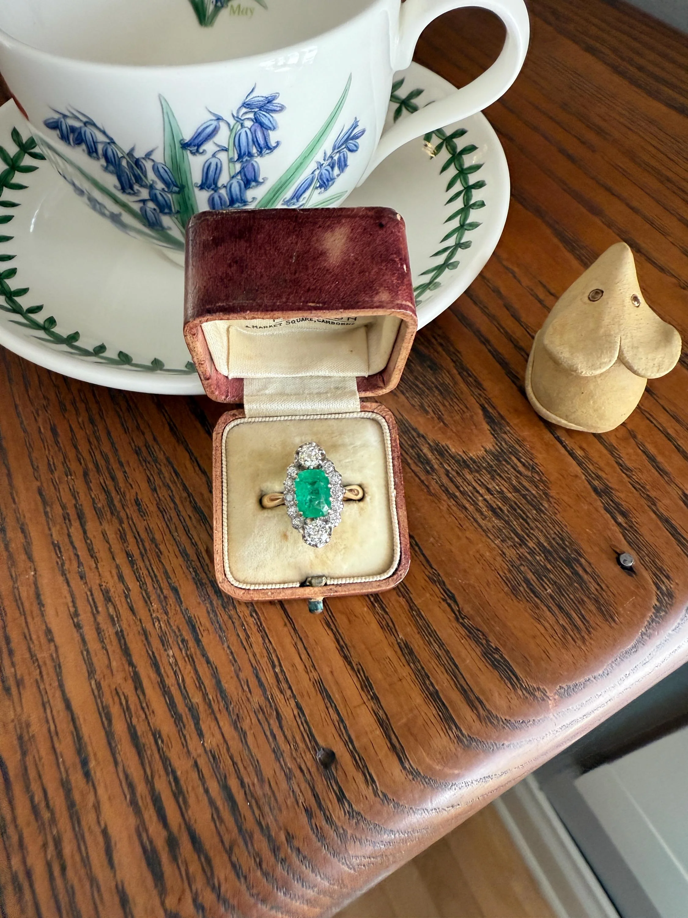 Boxed French Antique Natural Zambia EMERALD w/ Cert & 1.1Ctw Old Mine Cut DIAMOND Halo Ring 18k Gold Platinum Green Belle Epoque Gift OMC - Image 9