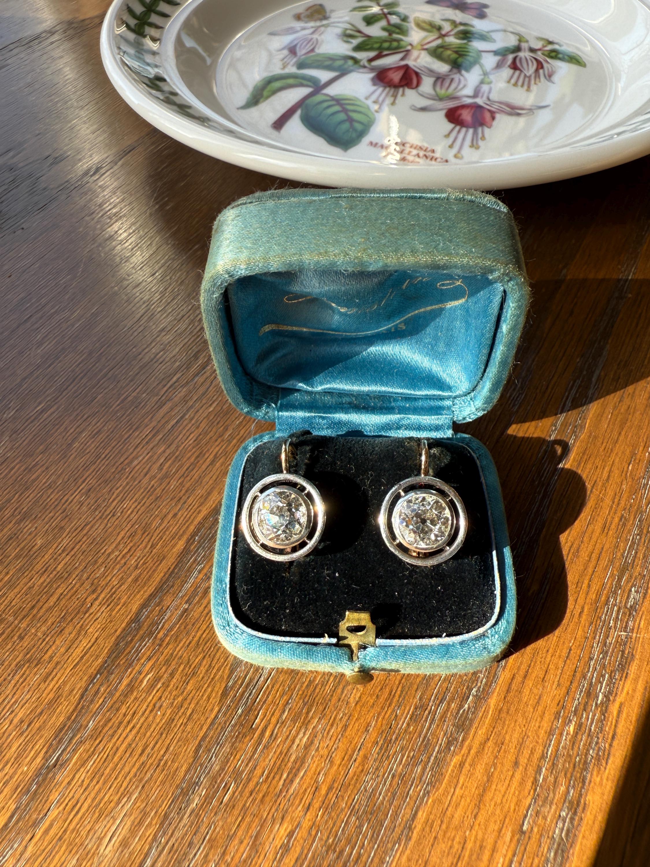 Boxed Original Antique 3.7 Carats Old Mine Cut DIAMOND Natural Dormeuse Earrings Bezel Set Circle Halo 18k Gold Silver Dangle Bullseye Gift - Image 10