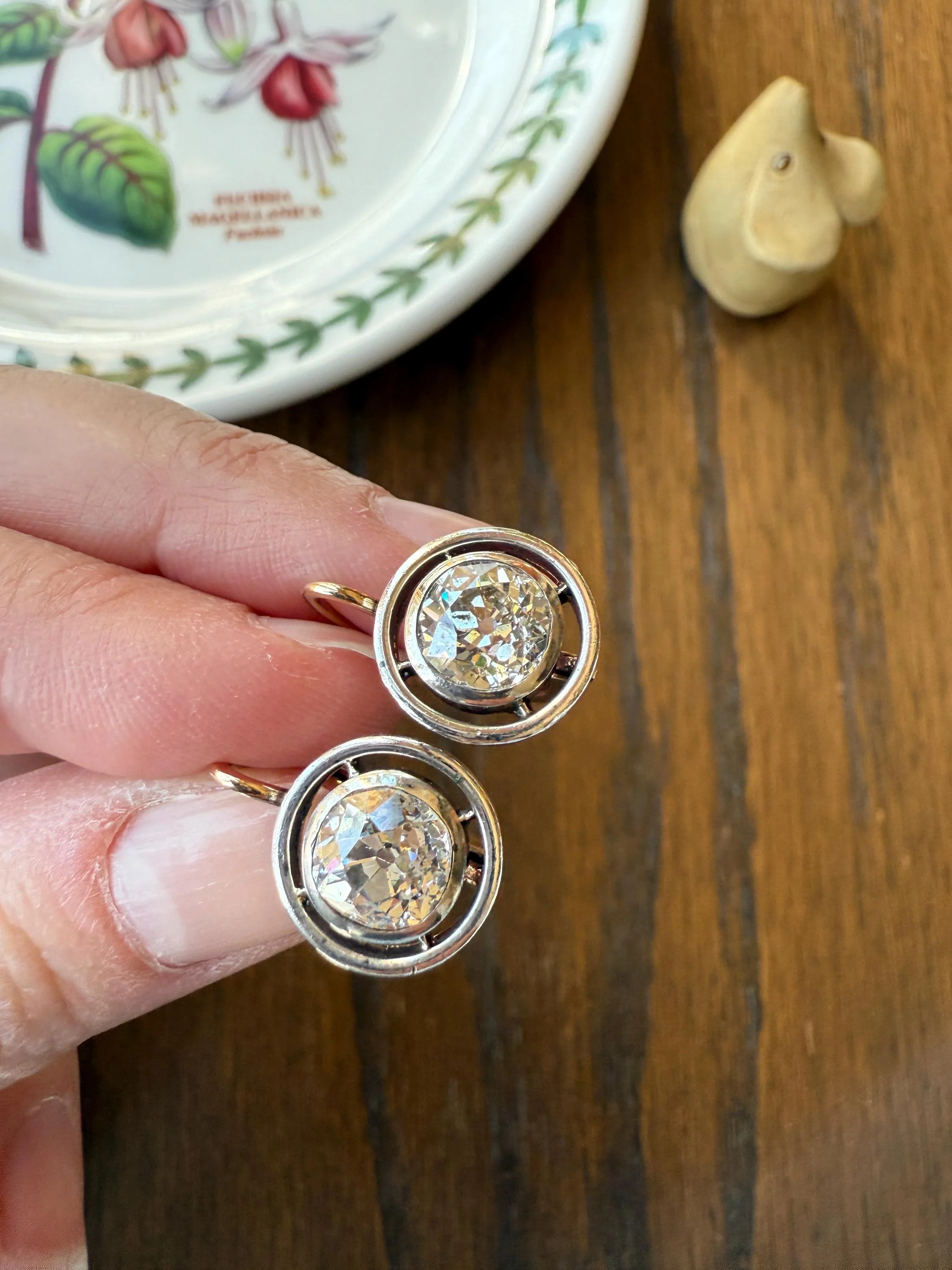 Boxed Original Antique 3.7 Carats Old Mine Cut DIAMOND Natural Dormeuse Earrings Bezel Set Circle Halo 18k Gold Silver Dangle Bullseye Gift - Image 11