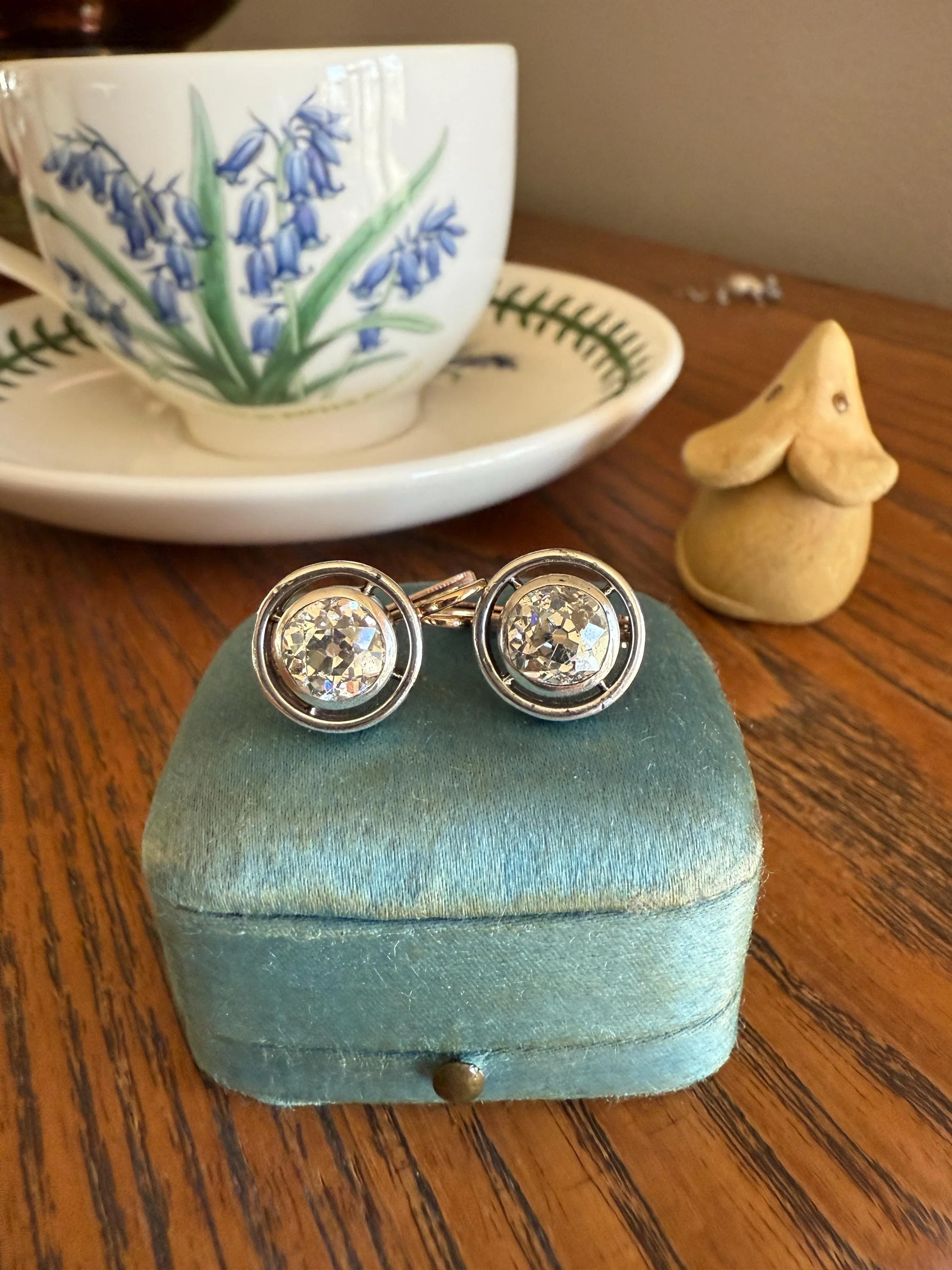 Boxed Original Antique 3.7 Carats Old Mine Cut DIAMOND Natural Dormeuse Earrings Bezel Set Circle Halo 18k Gold Silver Dangle Bullseye Gift - Image 14