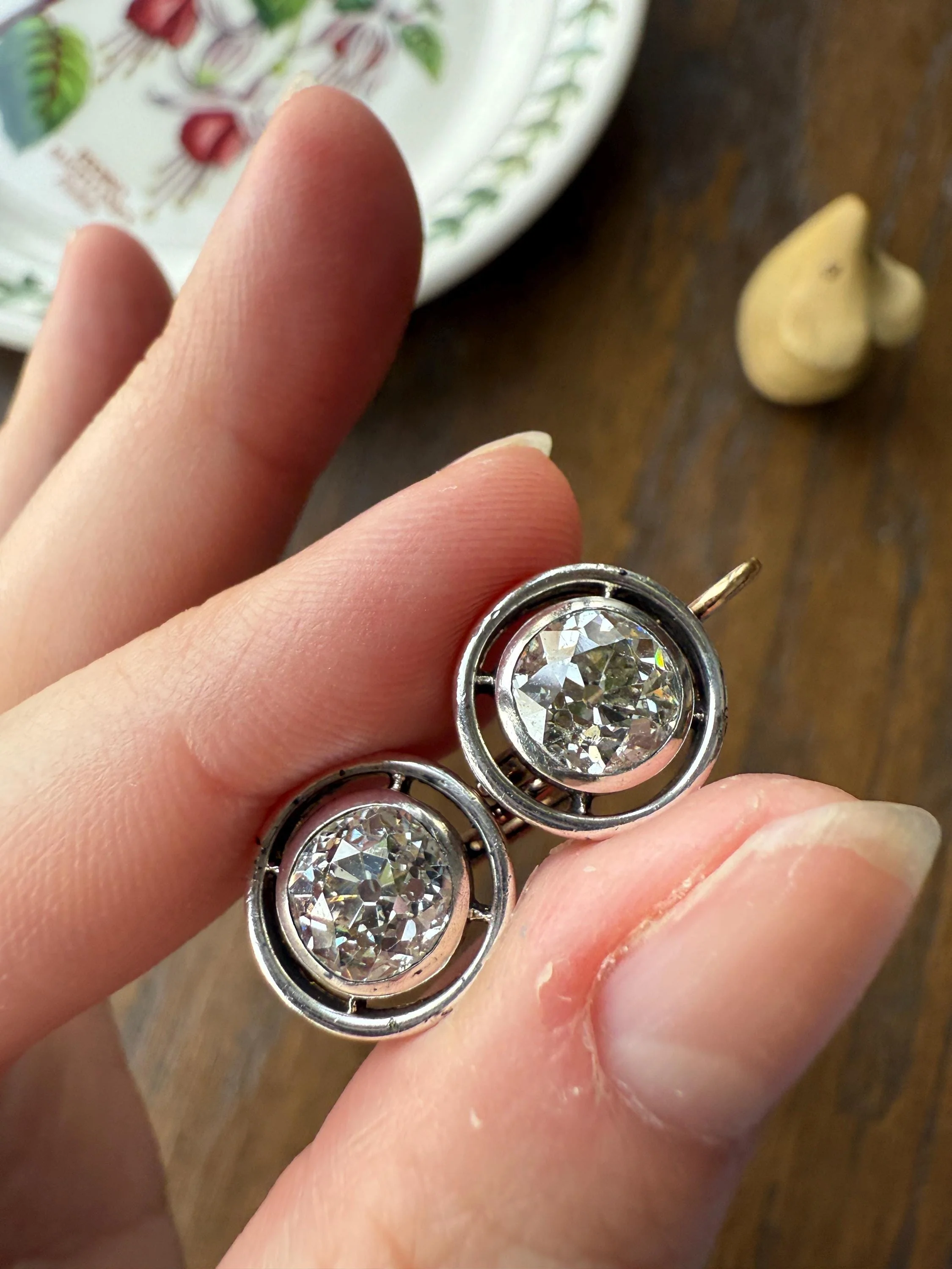 Boxed Original Antique 3.7 Carats Old Mine Cut DIAMOND Natural Dormeuse Earrings Bezel Set Circle Halo 18k Gold Silver Dangle Bullseye Gift - Image 15