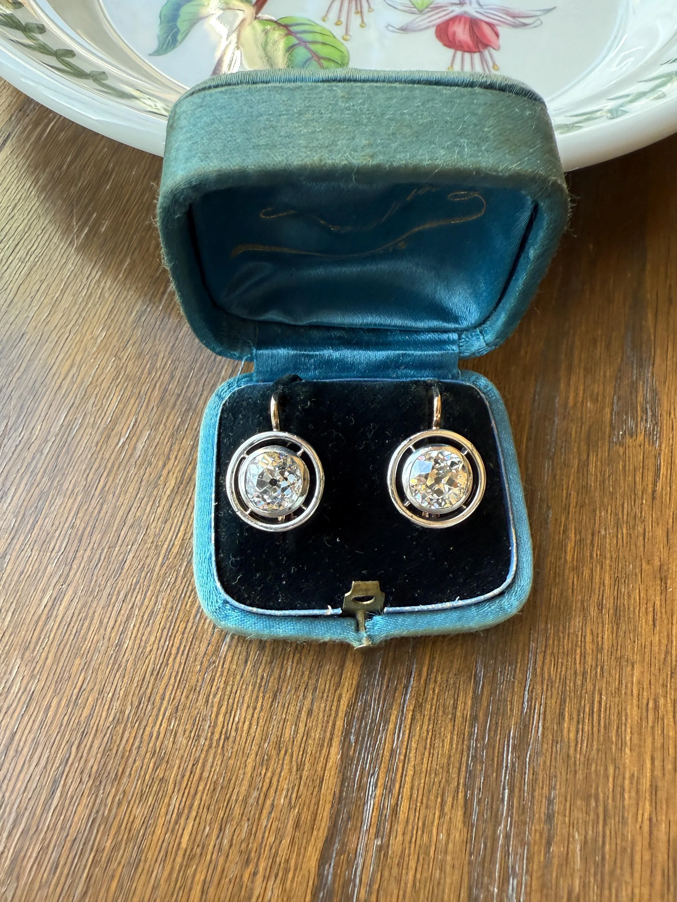 Boxed Original Antique 3.7 Carats Old Mine Cut DIAMOND Natural Dormeuse Earrings Bezel Set Circle Halo 18k Gold Silver Dangle Bullseye Gift - Image 18