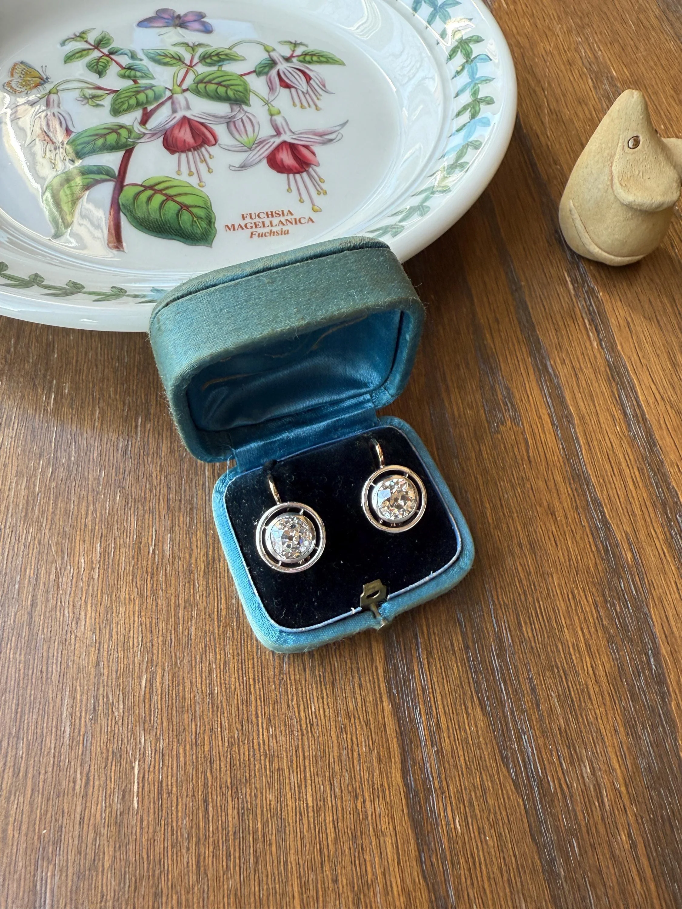Boxed Original Antique 3.7 Carats Old Mine Cut DIAMOND Natural Dormeuse Earrings Bezel Set Circle Halo 18k Gold Silver Dangle Bullseye Gift - Image 20