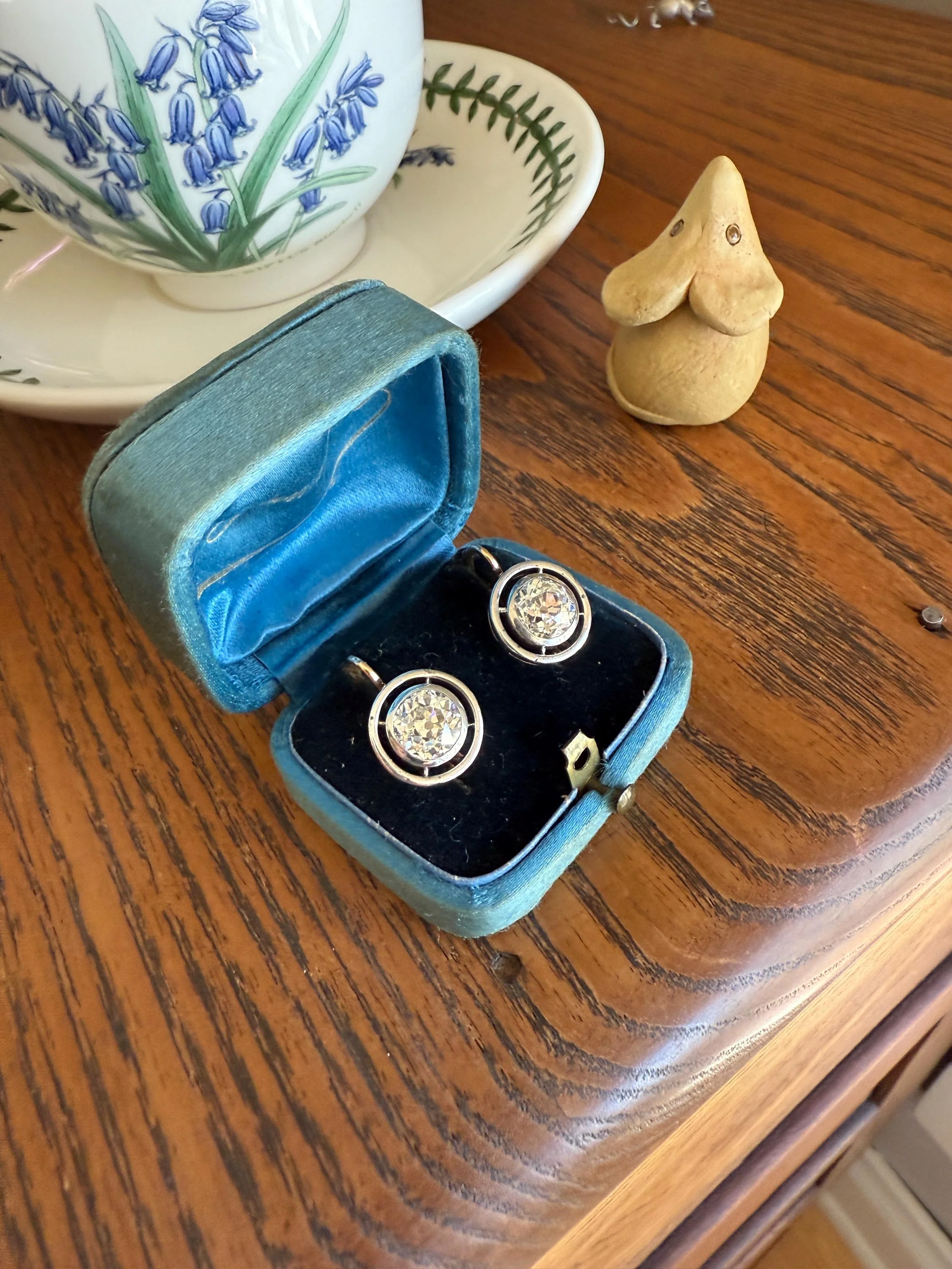 Boxed Original Antique 3.7 Carats Old Mine Cut DIAMOND Natural Dormeuse Earrings Bezel Set Circle Halo 18k Gold Silver Dangle Bullseye Gift - Image 5