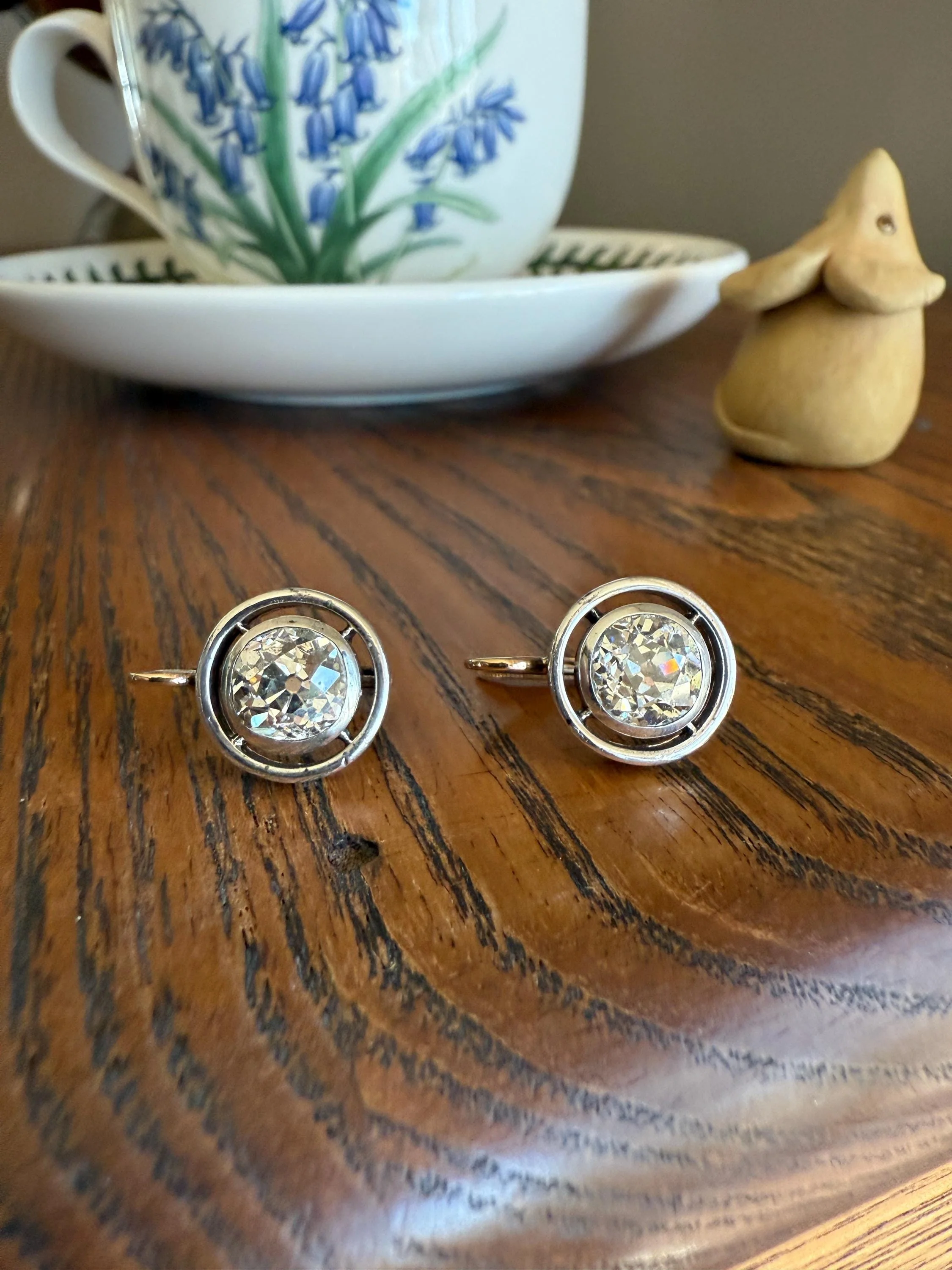 Boxed Original Antique 3.7 Carats Old Mine Cut DIAMOND Natural Dormeuse Earrings Bezel Set Circle Halo 18k Gold Silver Dangle Bullseye Gift - Image 7