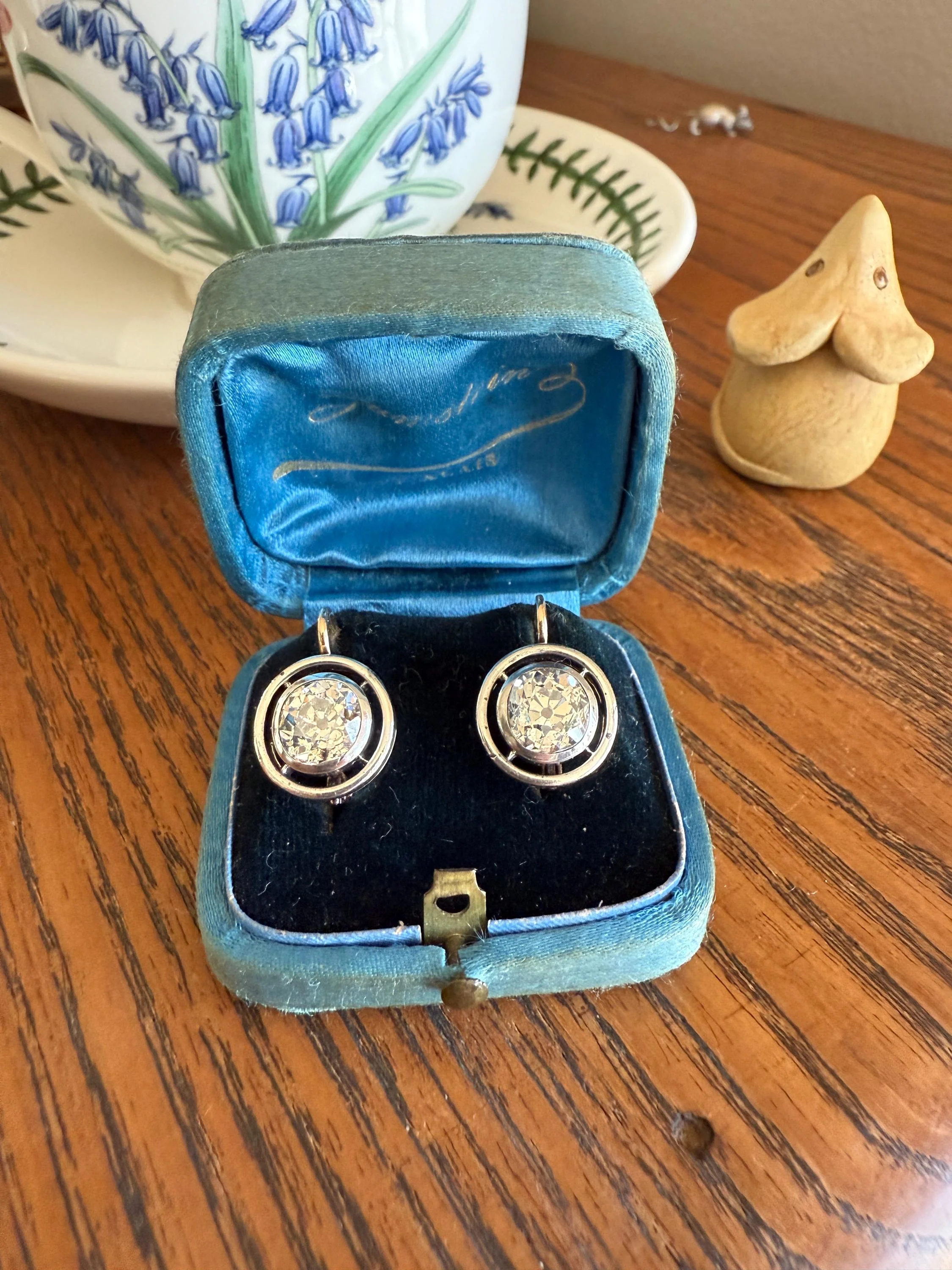 Boxed Original Antique 3.7 Carats Old Mine Cut DIAMOND Natural Dormeuse Earrings Bezel Set Circle Halo 18k Gold Silver Dangle Bullseye Gift - Image 8