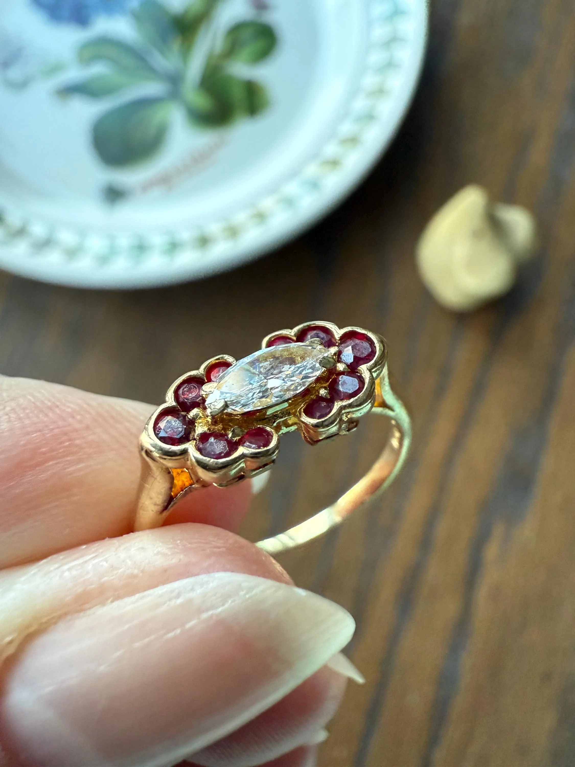 Boxed PIAGET Vintage East West MARQUISE Diamond Scalloped Ruby Halo 18k Gold Ring French Navette Cut Stacker - Image 11