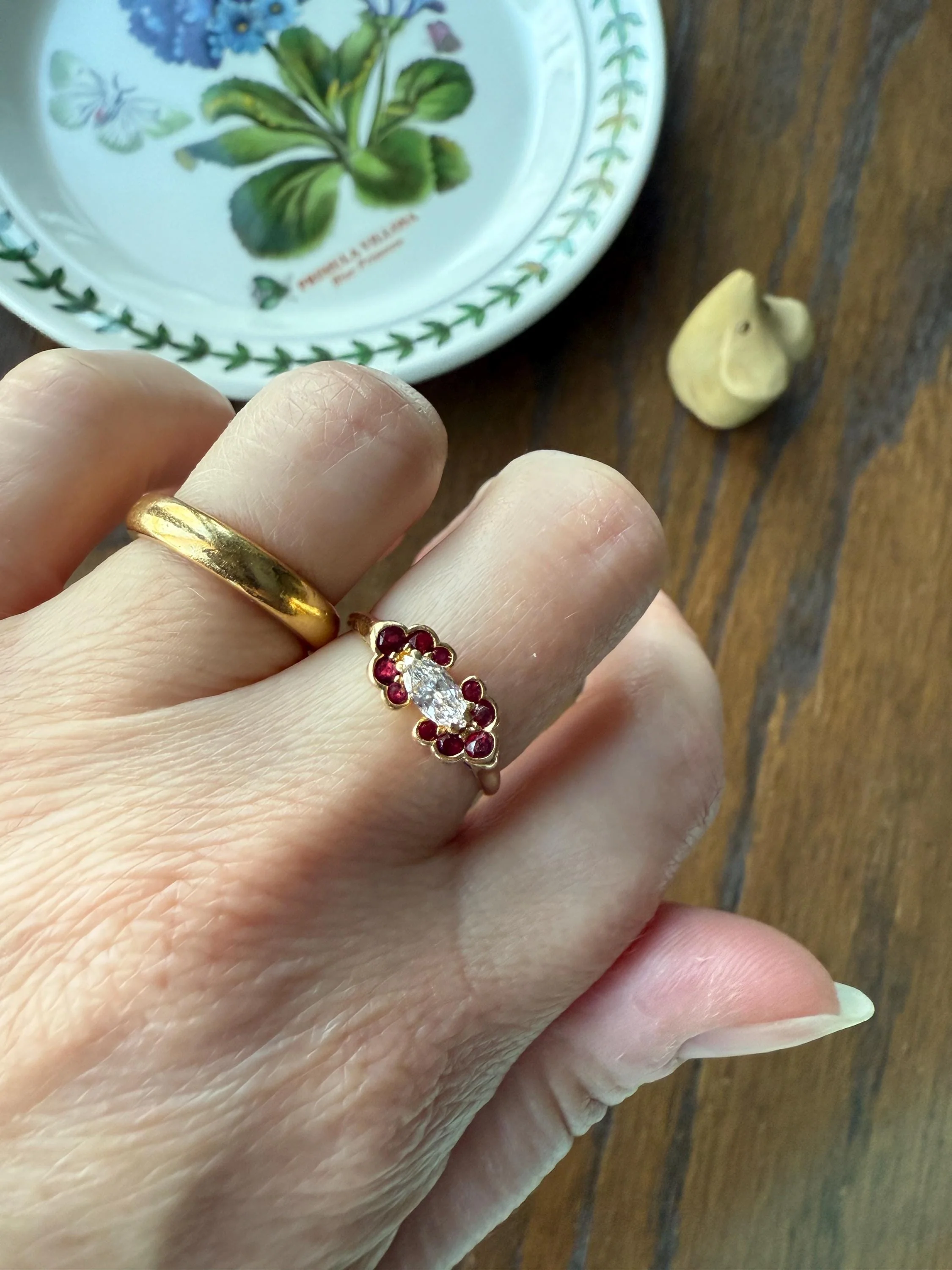 Boxed PIAGET Vintage East West MARQUISE Diamond Scalloped Ruby Halo 18k Gold Ring French Navette Cut Stacker - Image 14