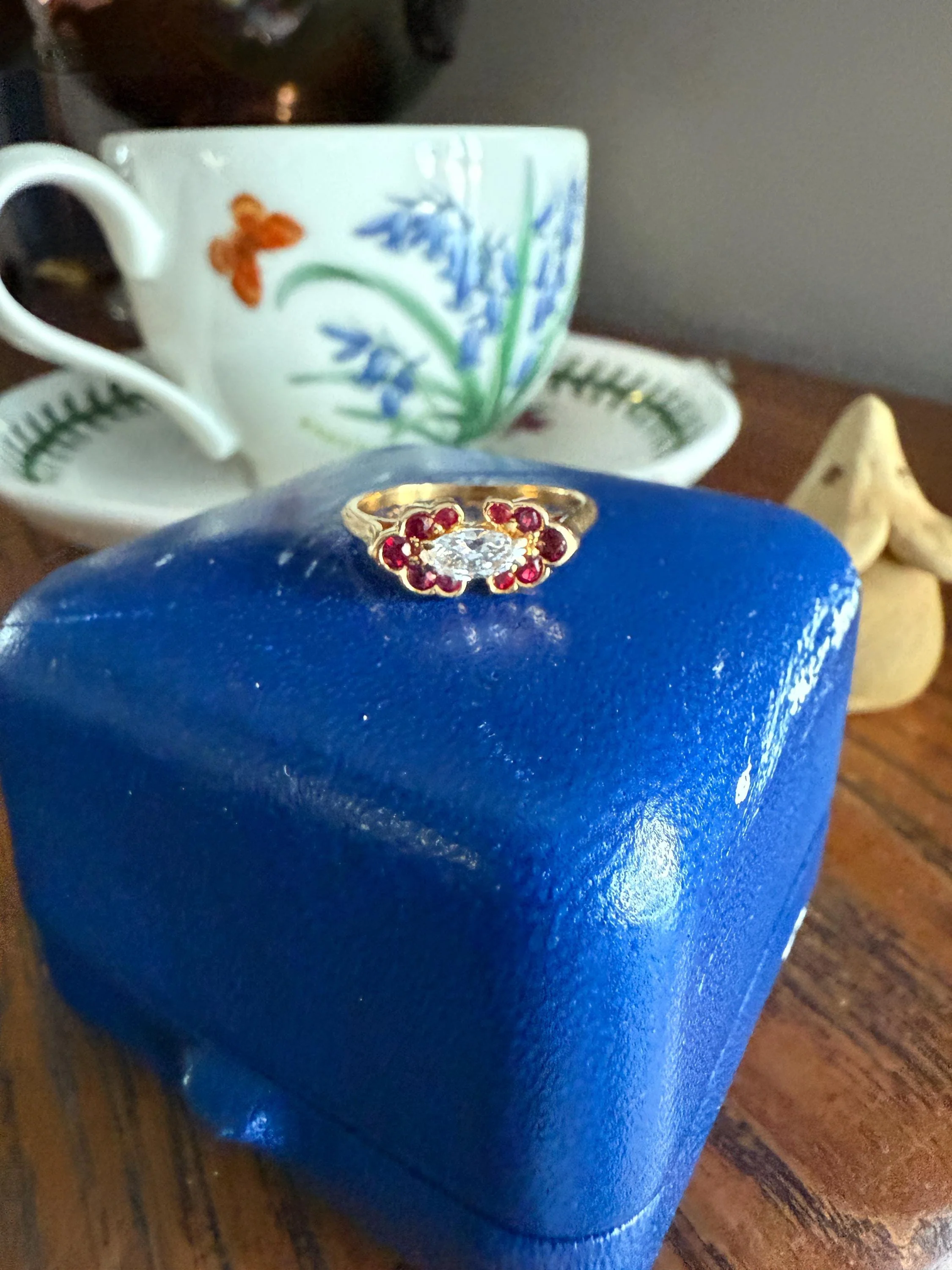 Boxed PIAGET Vintage East West MARQUISE Diamond Scalloped Ruby Halo 18k Gold Ring French Navette Cut Stacker - Image 15