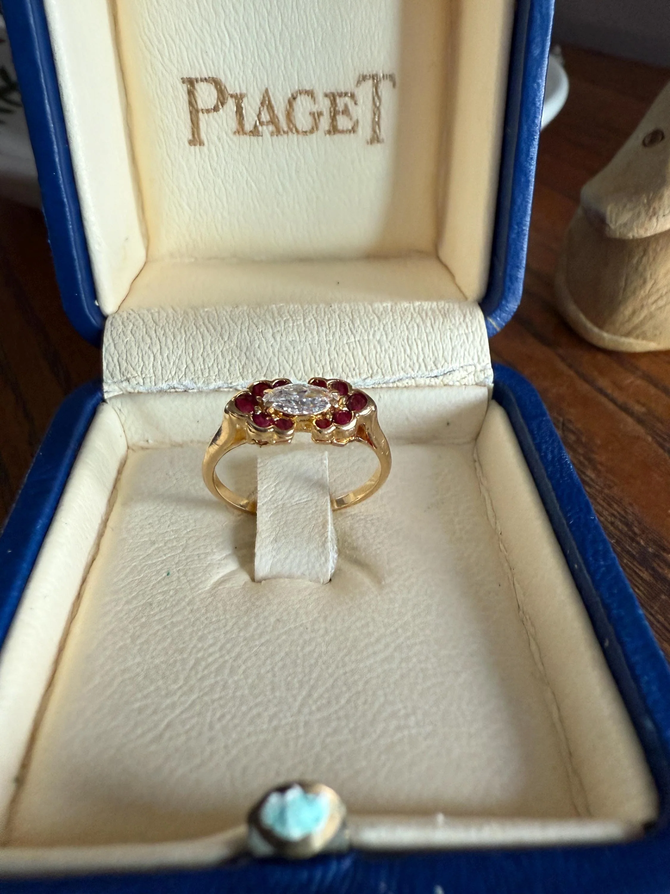 Boxed PIAGET Vintage East West MARQUISE Diamond Scalloped Ruby Halo 18k Gold Ring French Navette Cut Stacker - Image 20