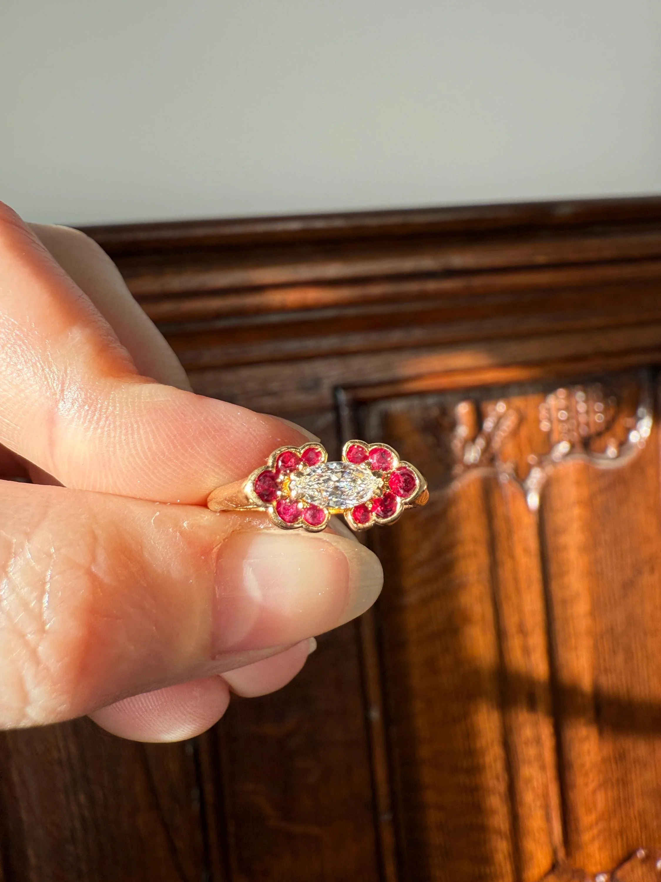 Boxed PIAGET Vintage East West MARQUISE Diamond Scalloped Ruby Halo 18k Gold Ring French Navette Cut Stacker - Image 3