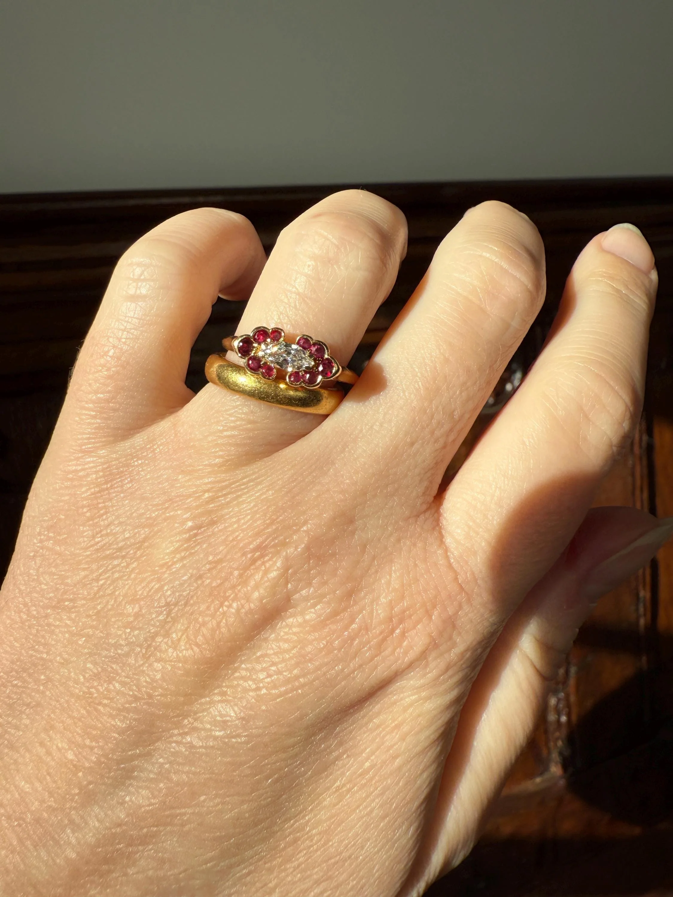 Boxed PIAGET Vintage East West MARQUISE Diamond Scalloped Ruby Halo 18k Gold Ring French Navette Cut Stacker - Image 8