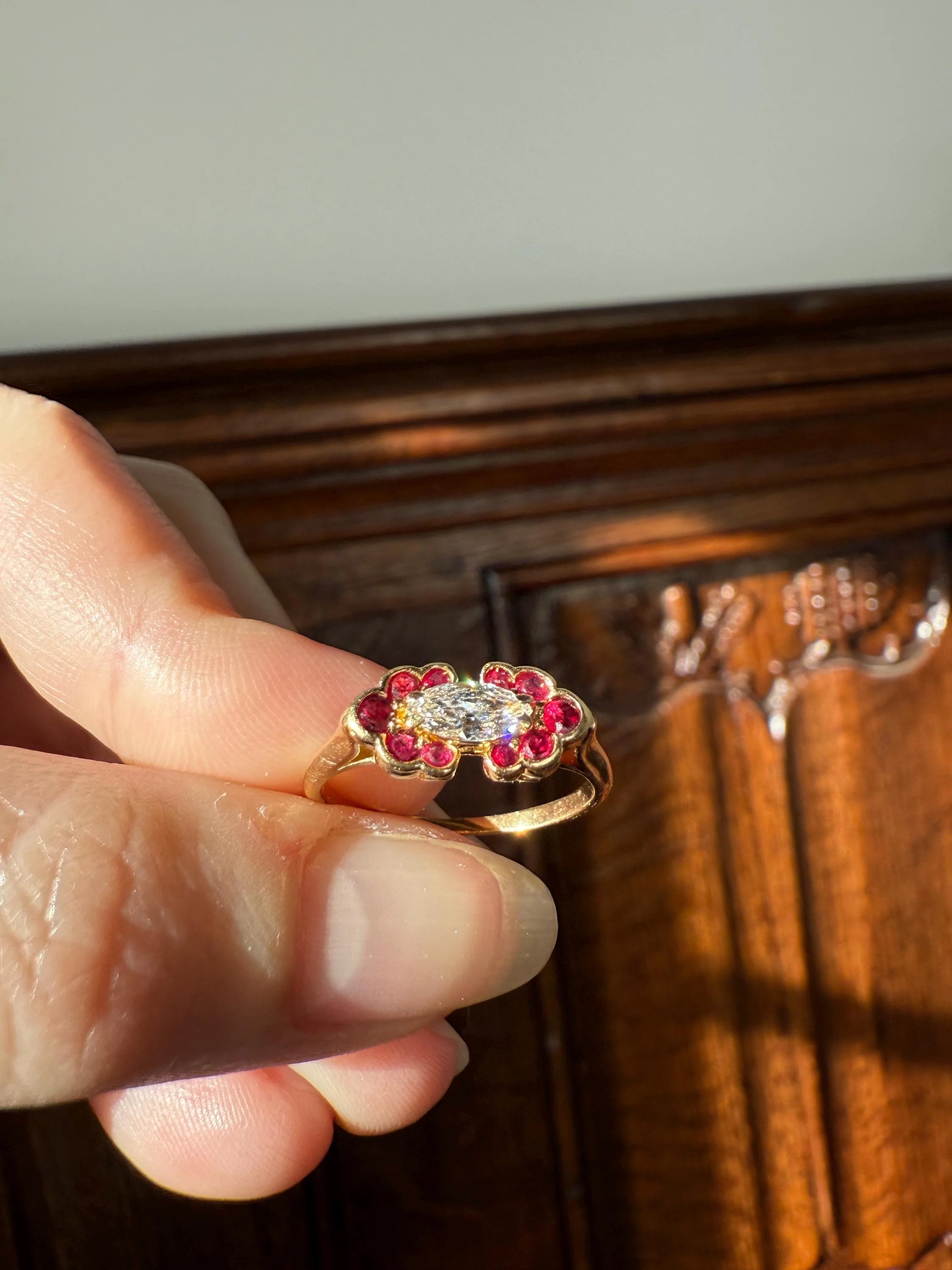 Boxed PIAGET Vintage East West MARQUISE Diamond Scalloped Ruby Halo 18k Gold Ring French Navette Cut Stacker - Image 9