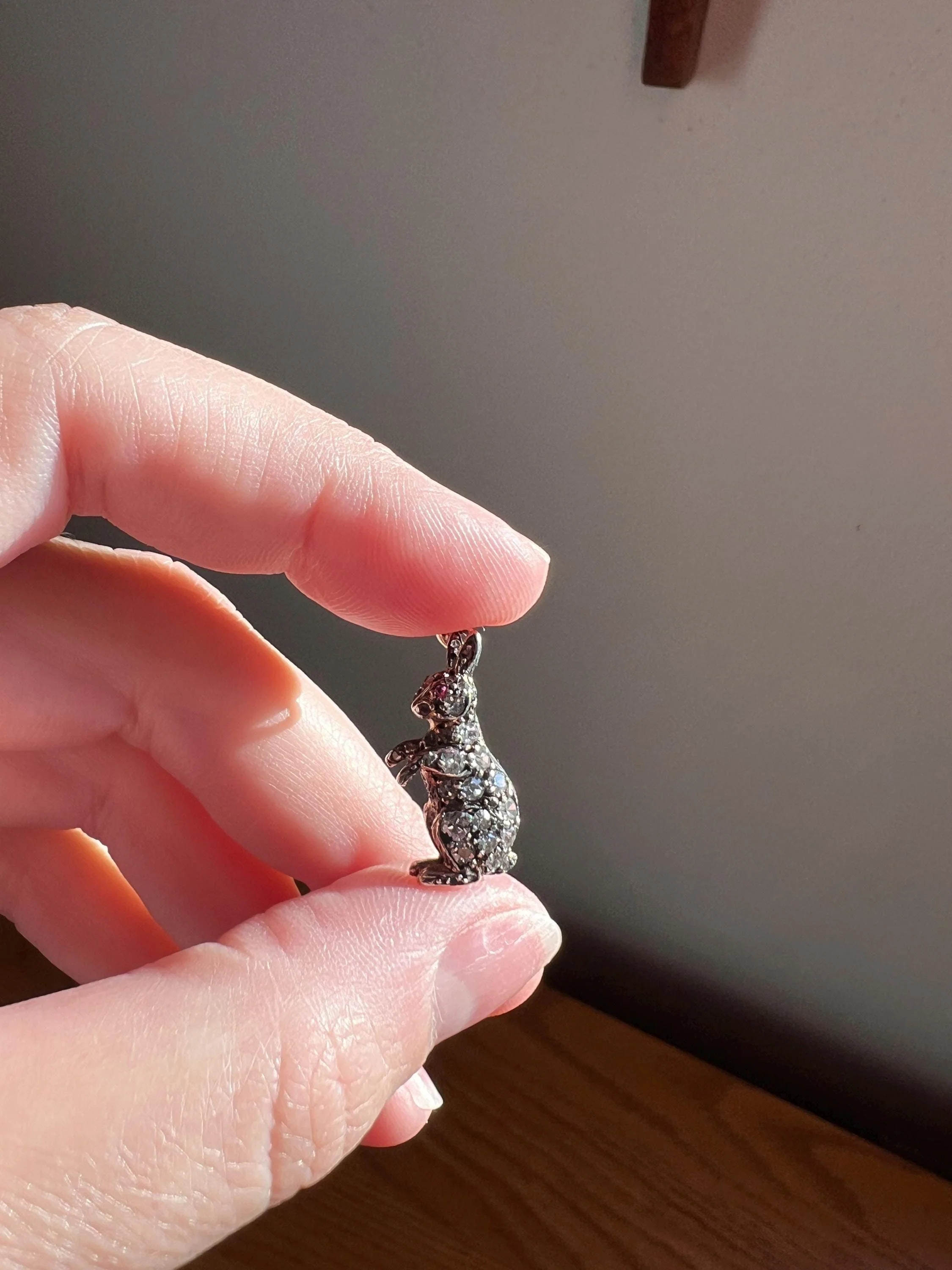 BUNNY Victorian ANTIQUE Old Mine Single Rose Cut Diamond Encrusted Figural Rabbit Pendant 14k Gold Silver - Image 11