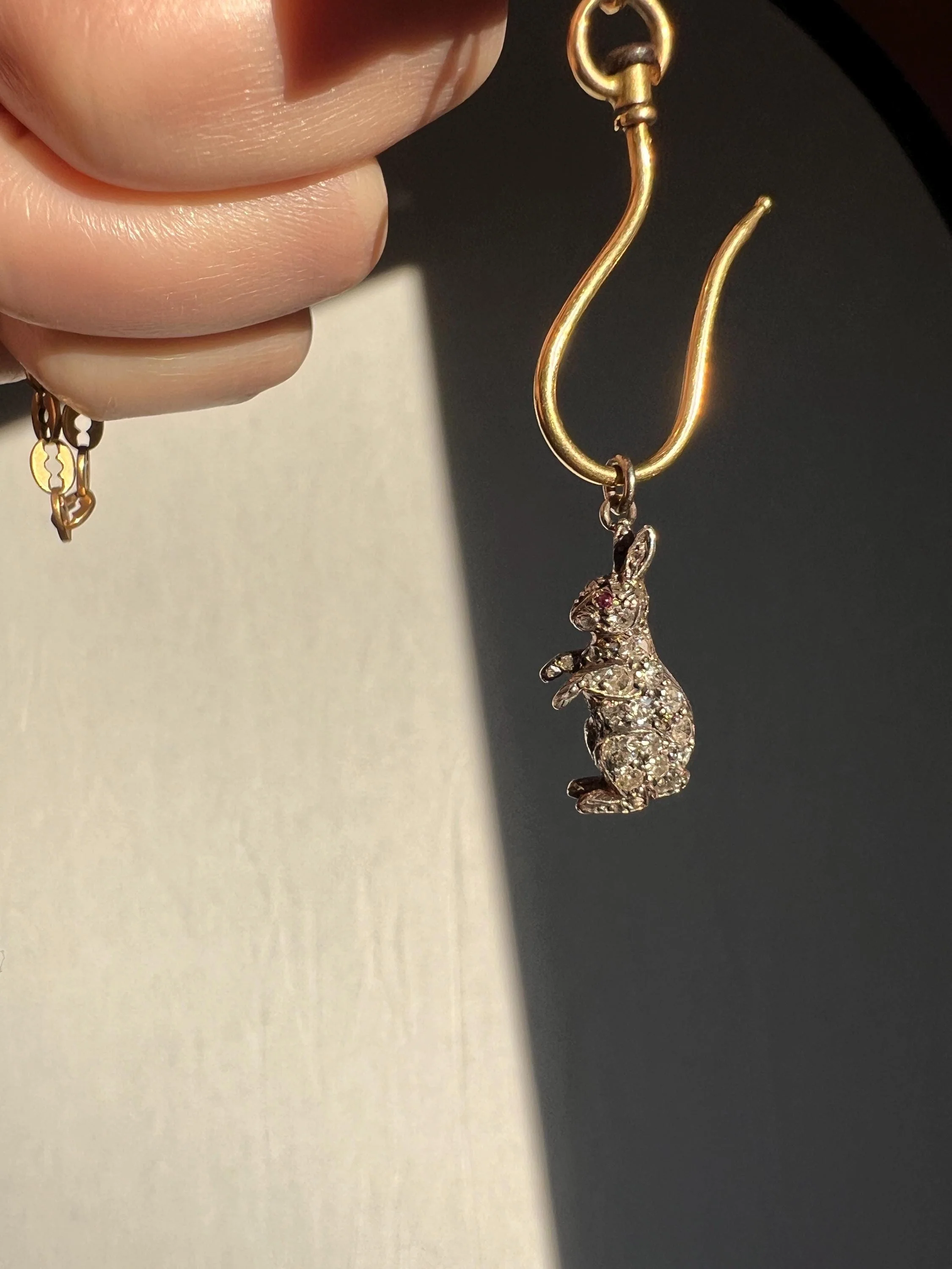 BUNNY Victorian ANTIQUE Old Mine Single Rose Cut Diamond Encrusted Figural Rabbit Pendant 14k Gold Silver - Image 2