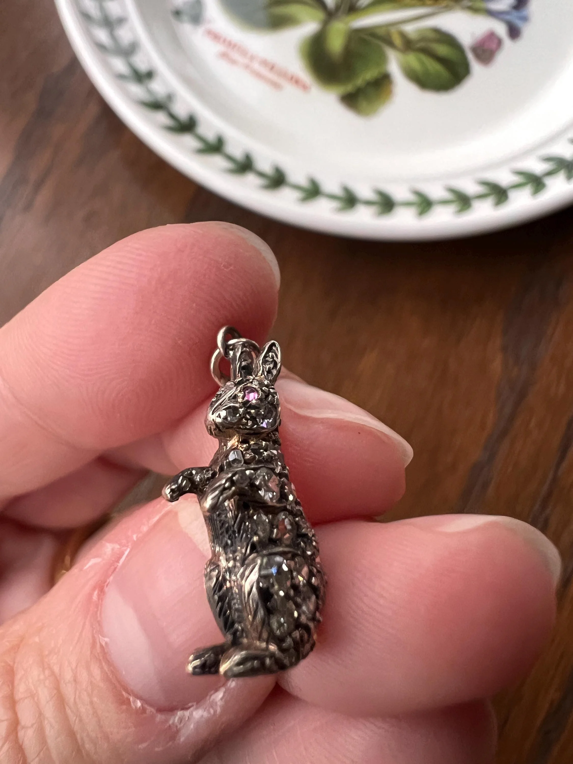 BUNNY Victorian ANTIQUE Old Mine Single Rose Cut Diamond Encrusted Figural Rabbit Pendant 14k Gold Silver - Image 3
