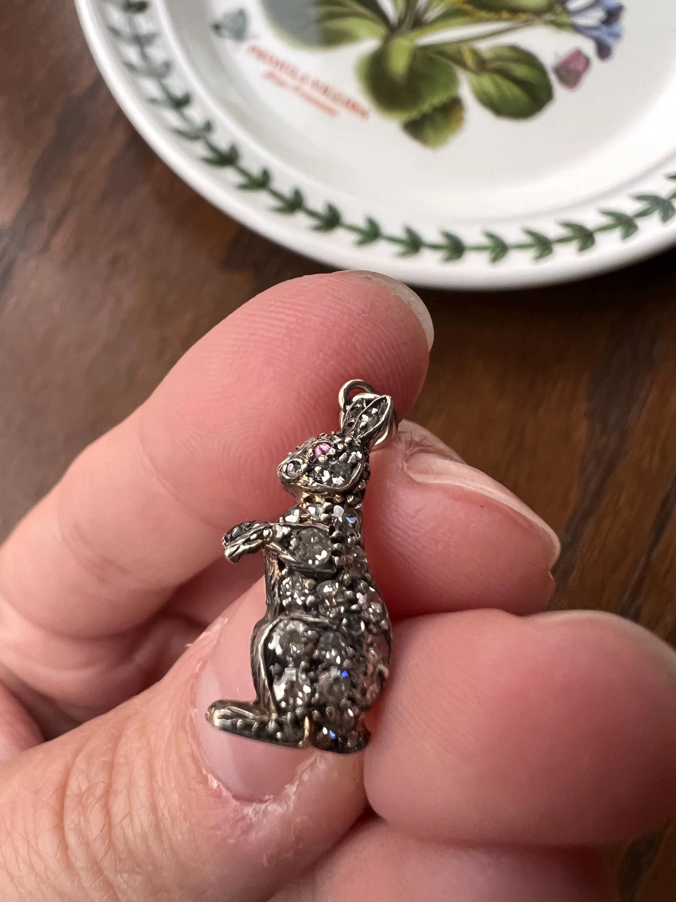 BUNNY Victorian ANTIQUE Old Mine Single Rose Cut Diamond Encrusted Figural Rabbit Pendant 14k Gold Silver - Image 5