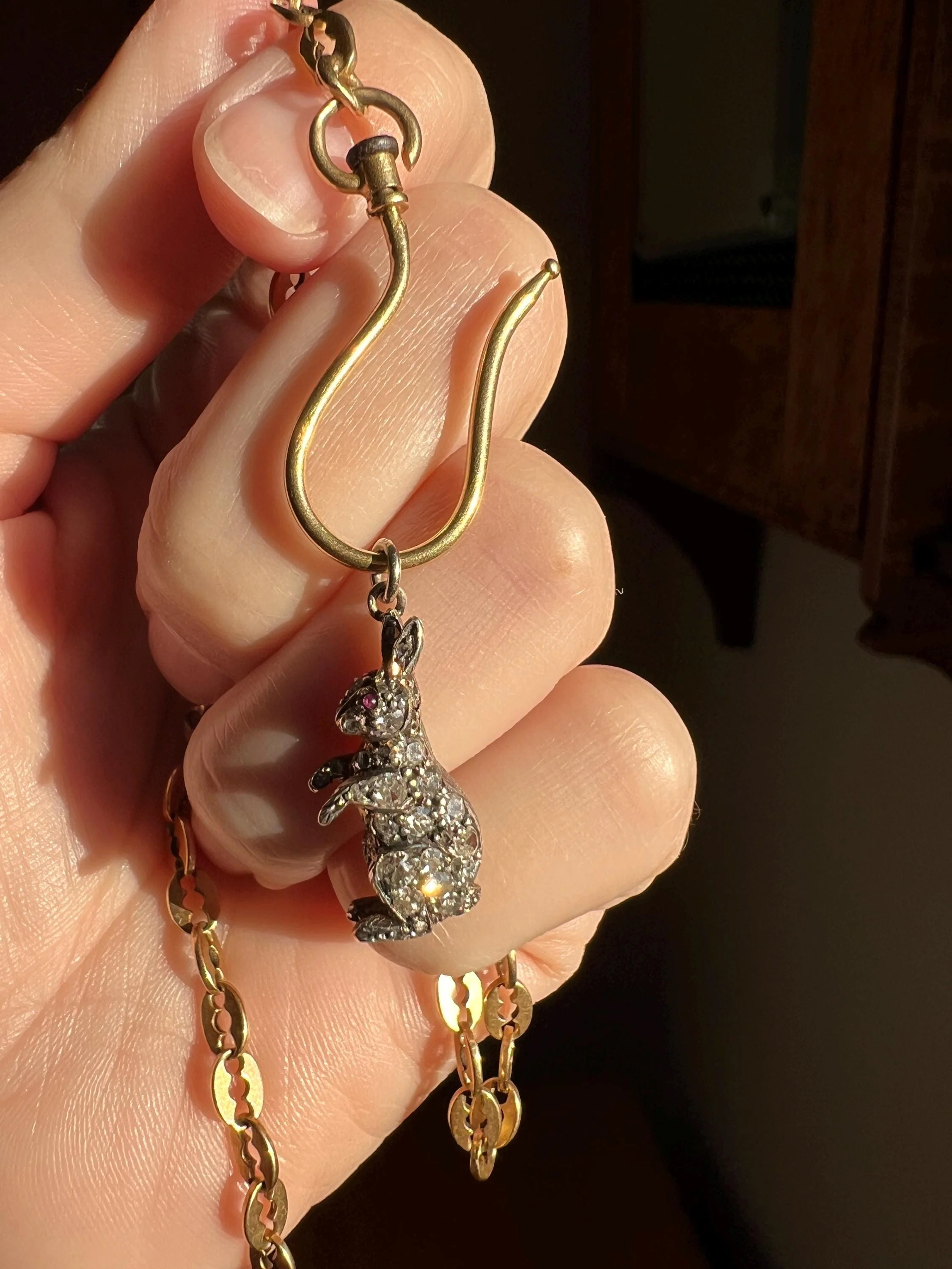 BUNNY Victorian ANTIQUE Old Mine Single Rose Cut Diamond Encrusted Figural Rabbit Pendant 14k Gold Silver - Image 7