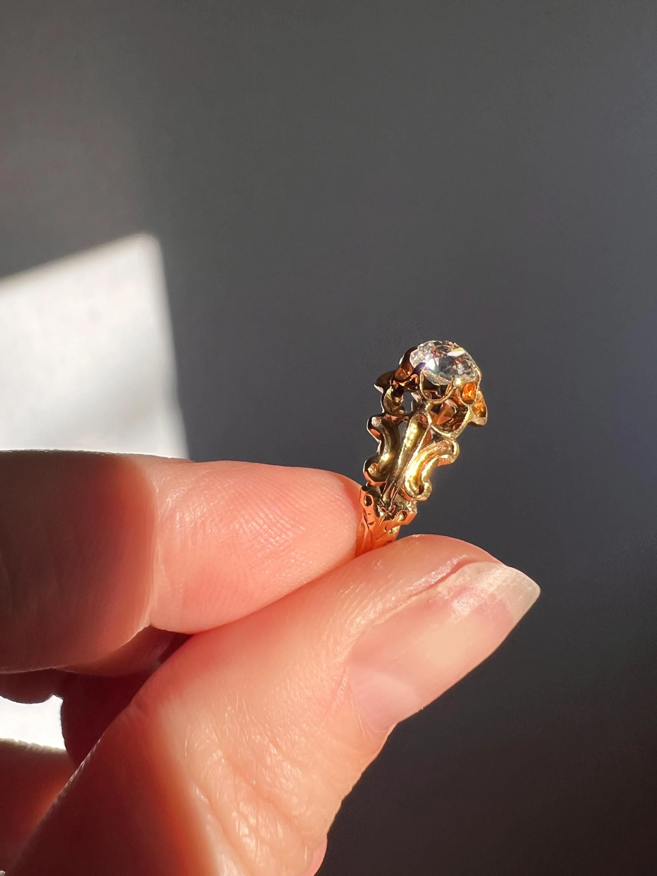 BUTTERCUP Ornate French Victorian Antique .6 Carat Old Mine Cut DIAMOND Solitaire Engagement Ring 18k Gold - Image 3