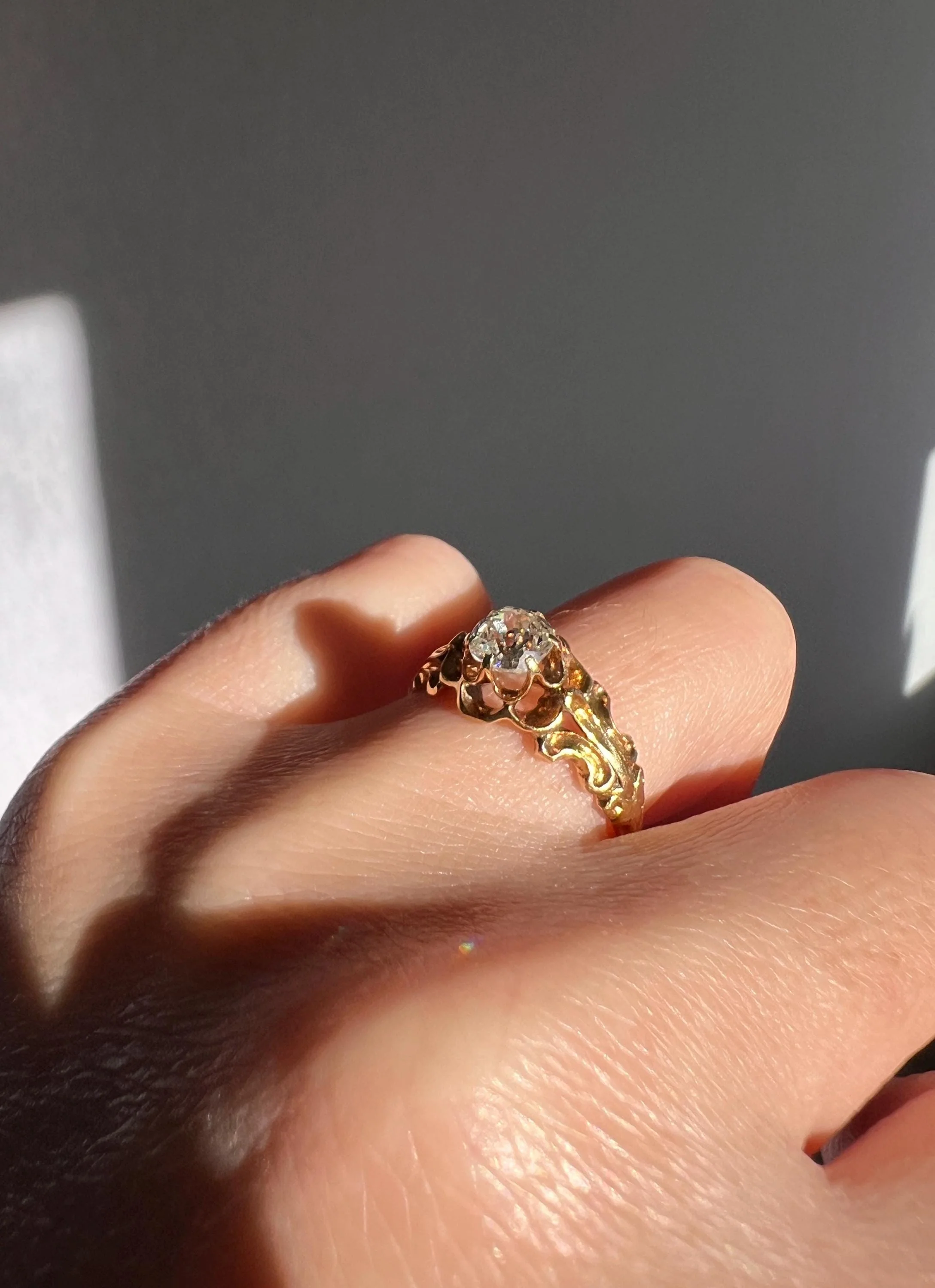 BUTTERCUP Ornate French Victorian Antique .6 Carat Old Mine Cut DIAMOND Solitaire Engagement Ring 18k Gold - Image 4