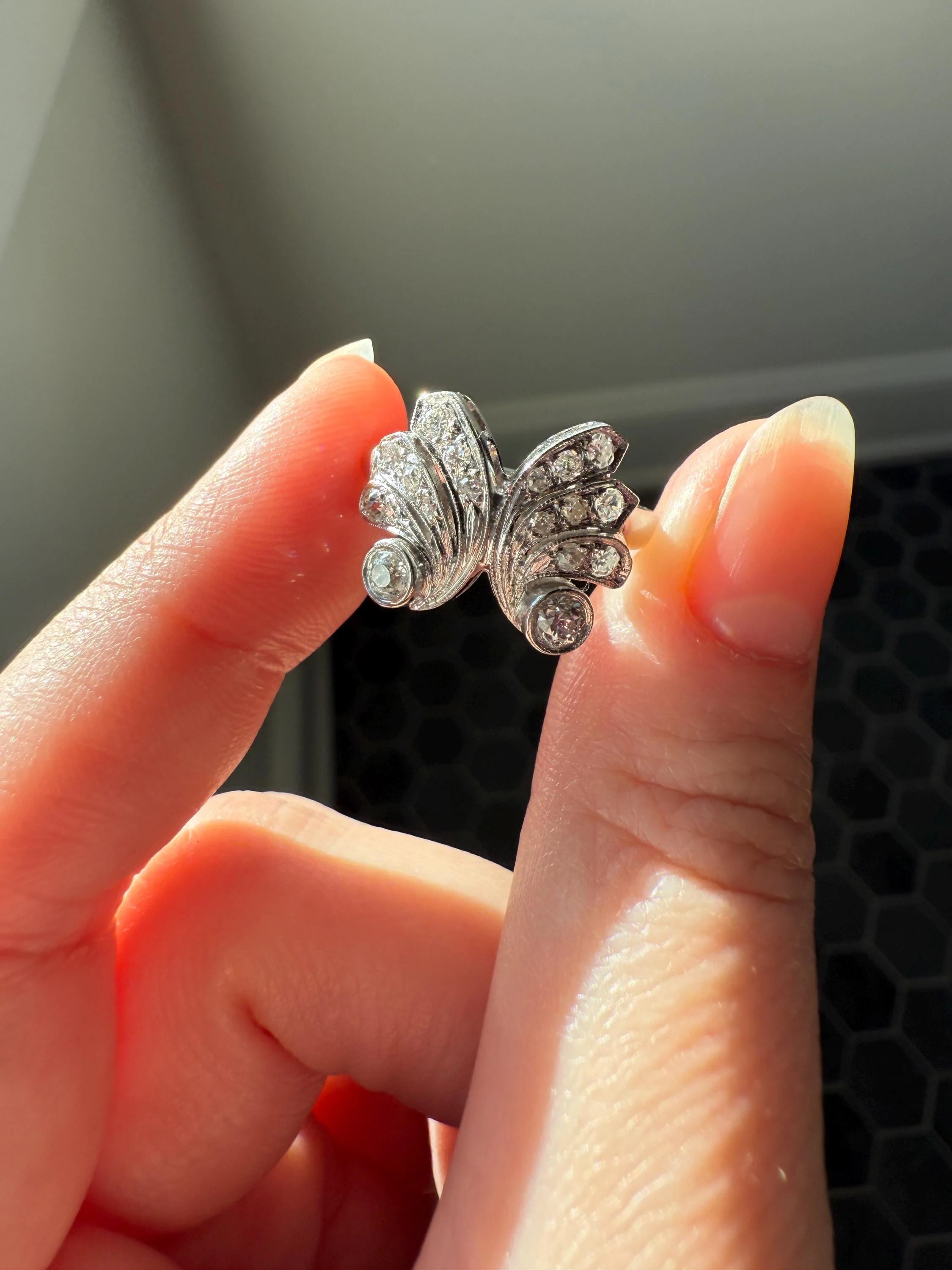 BUTTERFLY Ring Art Deco Old Mine Transitional Cut Diamonds Vintage Ring Flared Swirl Flared Fan 14k White Gold Unique Stacker - Image 15