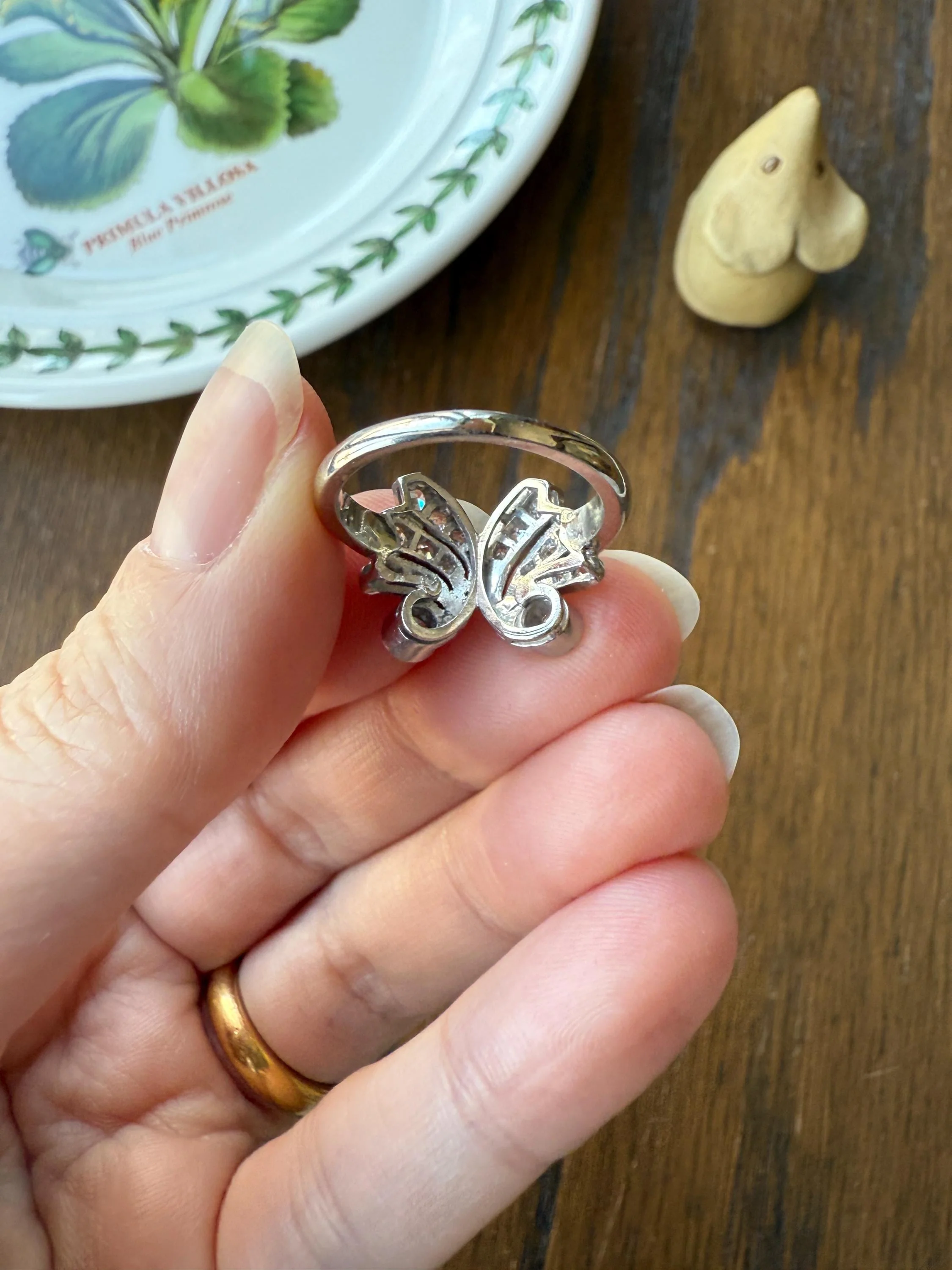 BUTTERFLY Ring Art Deco Old Mine Transitional Cut Diamonds Vintage Ring Flared Swirl Flared Fan 14k White Gold Unique Stacker - Image 16