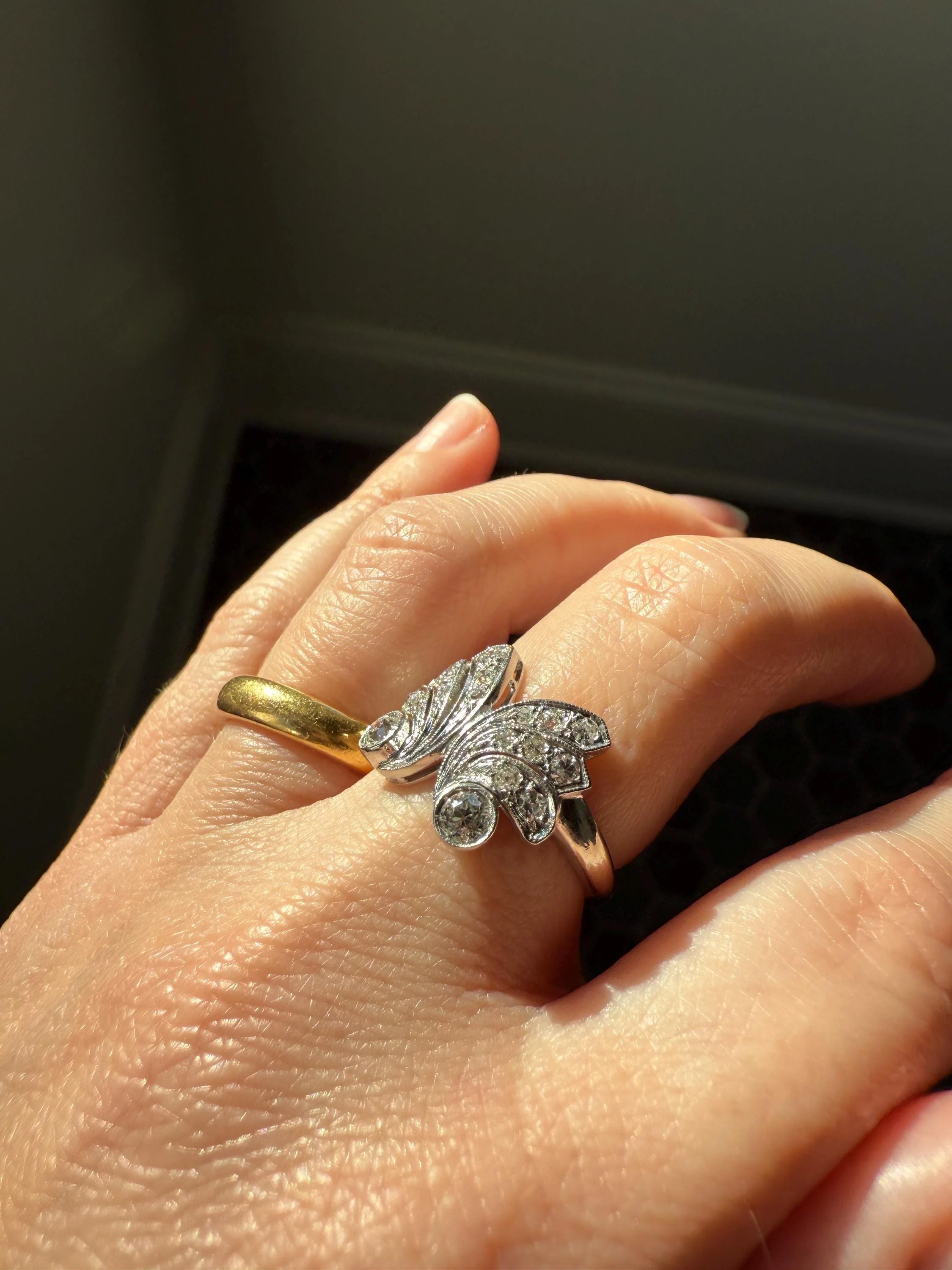 BUTTERFLY Ring Art Deco Old Mine Transitional Cut Diamonds Vintage Ring Flared Swirl Flared Fan 14k White Gold Unique Stacker - Image 17