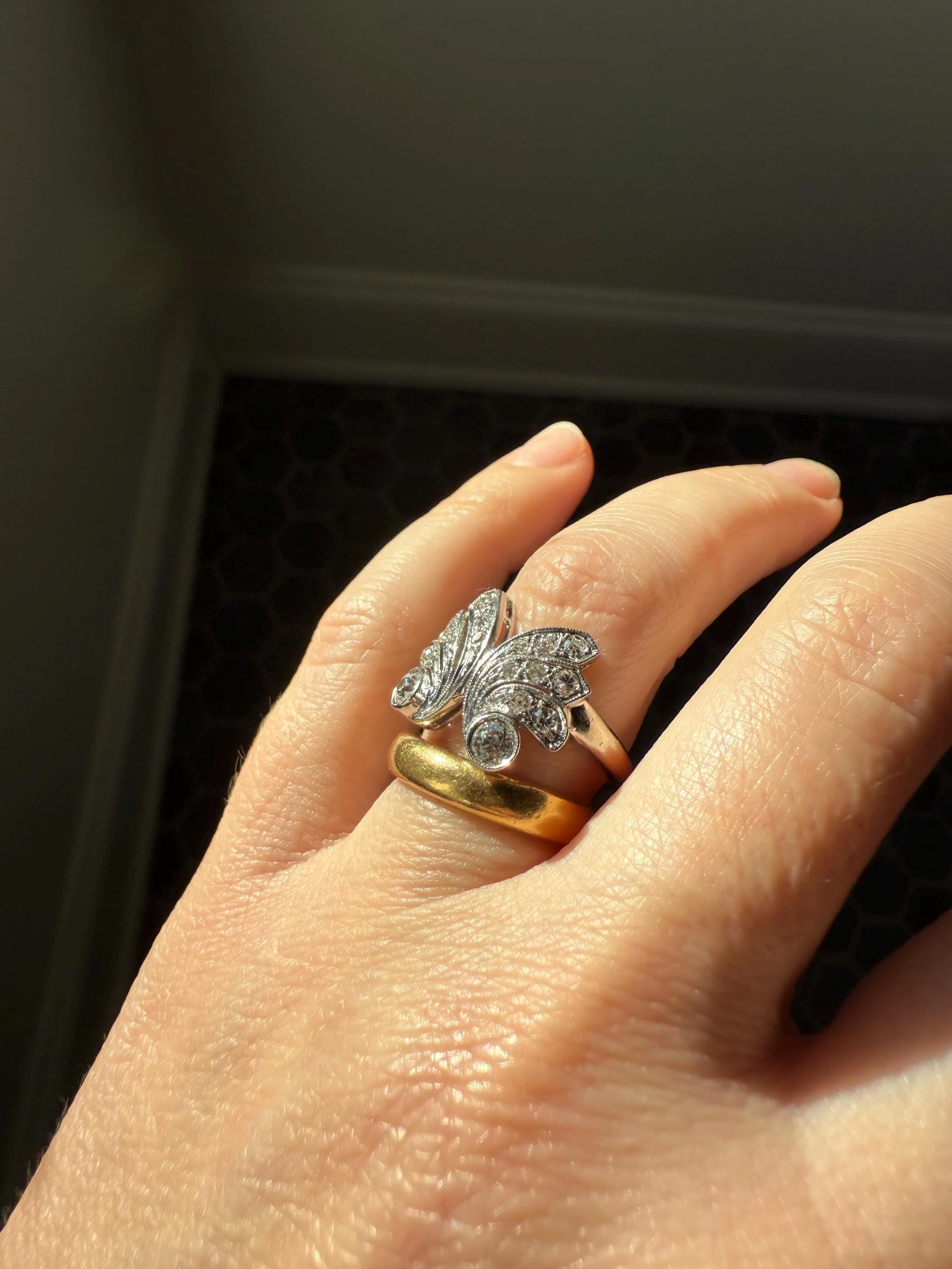 BUTTERFLY Ring Art Deco Old Mine Transitional Cut Diamonds Vintage Ring Flared Swirl Flared Fan 14k White Gold Unique Stacker - Image 18