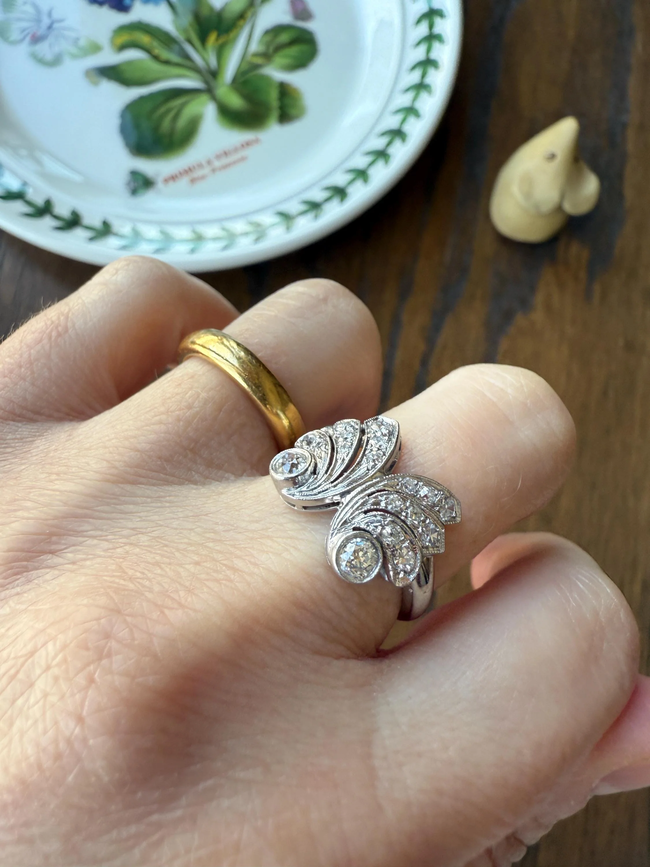 BUTTERFLY Ring Art Deco Old Mine Transitional Cut Diamonds Vintage Ring Flared Swirl Flared Fan 14k White Gold Unique Stacker - Image 2