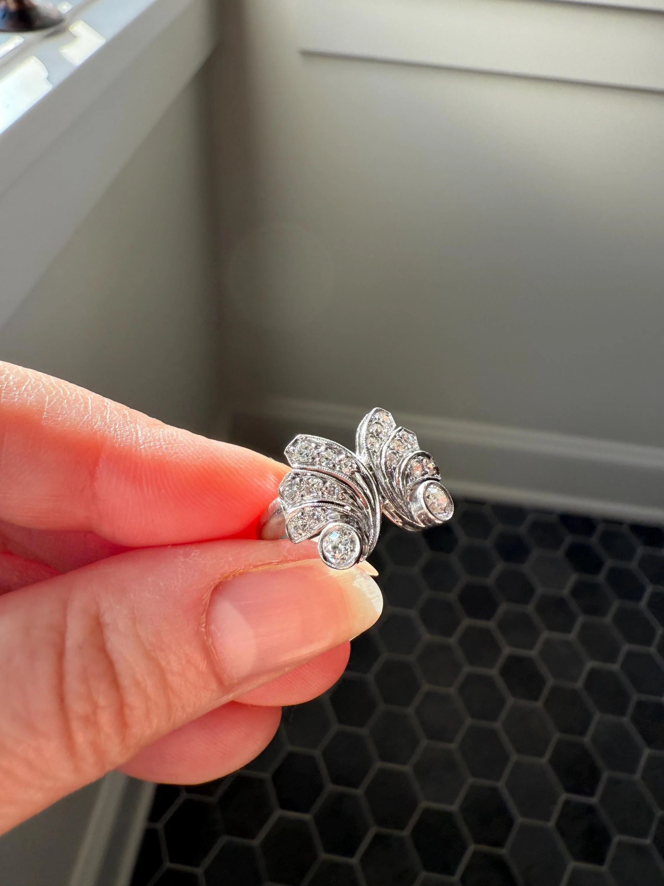 BUTTERFLY Ring Art Deco Old Mine Transitional Cut Diamonds Vintage Ring Flared Swirl Flared Fan 14k White Gold Unique Stacker - Image 3