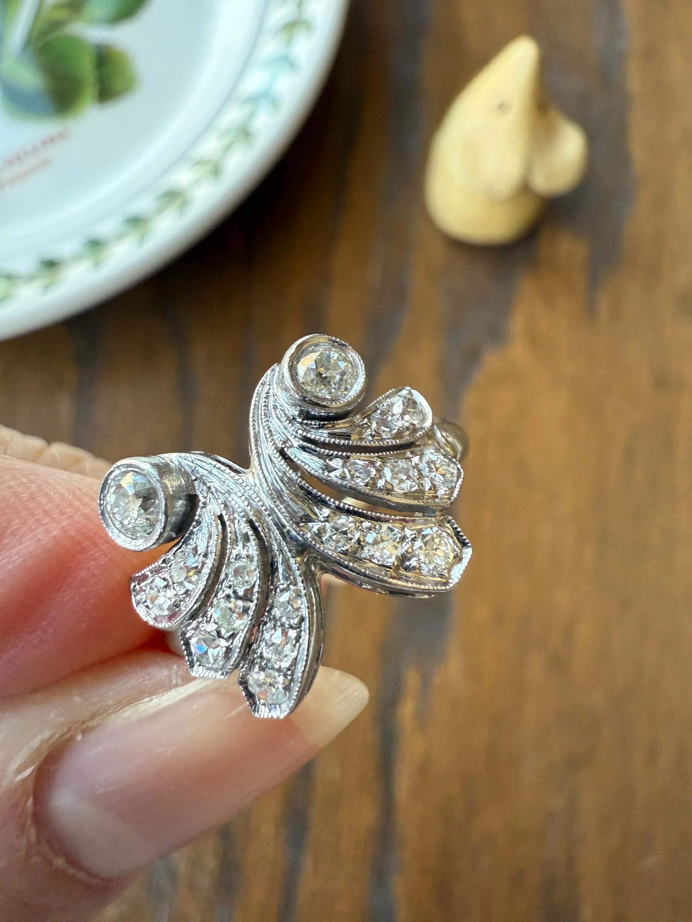 BUTTERFLY Ring Art Deco Old Mine Transitional Cut Diamonds Vintage Ring Flared Swirl Flared Fan 14k White Gold Unique Stacker - Image 5