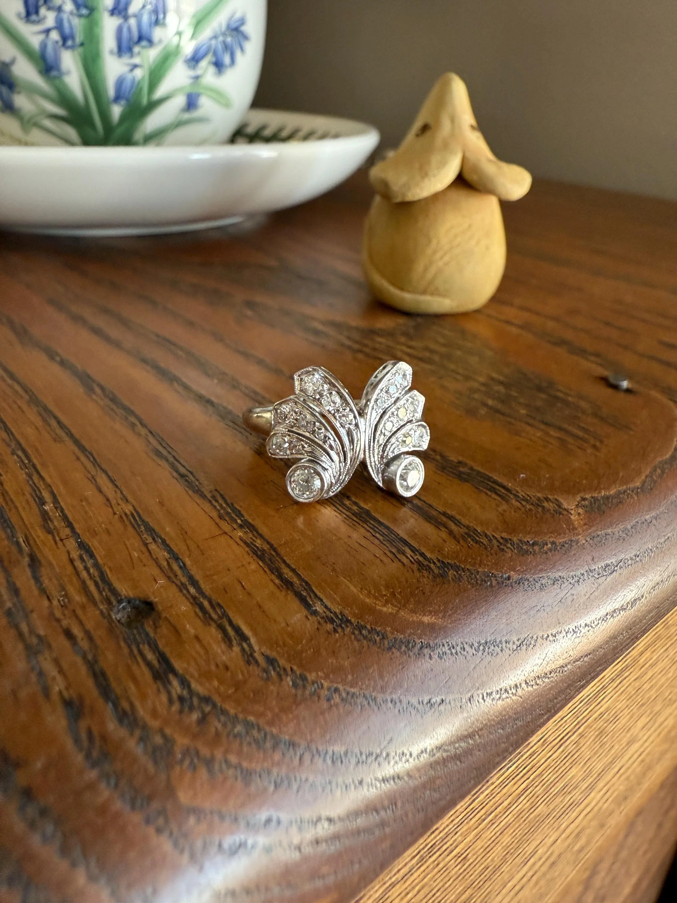 BUTTERFLY Ring Art Deco Old Mine Transitional Cut Diamonds Vintage Ring Flared Swirl Flared Fan 14k White Gold Unique Stacker - Image 7