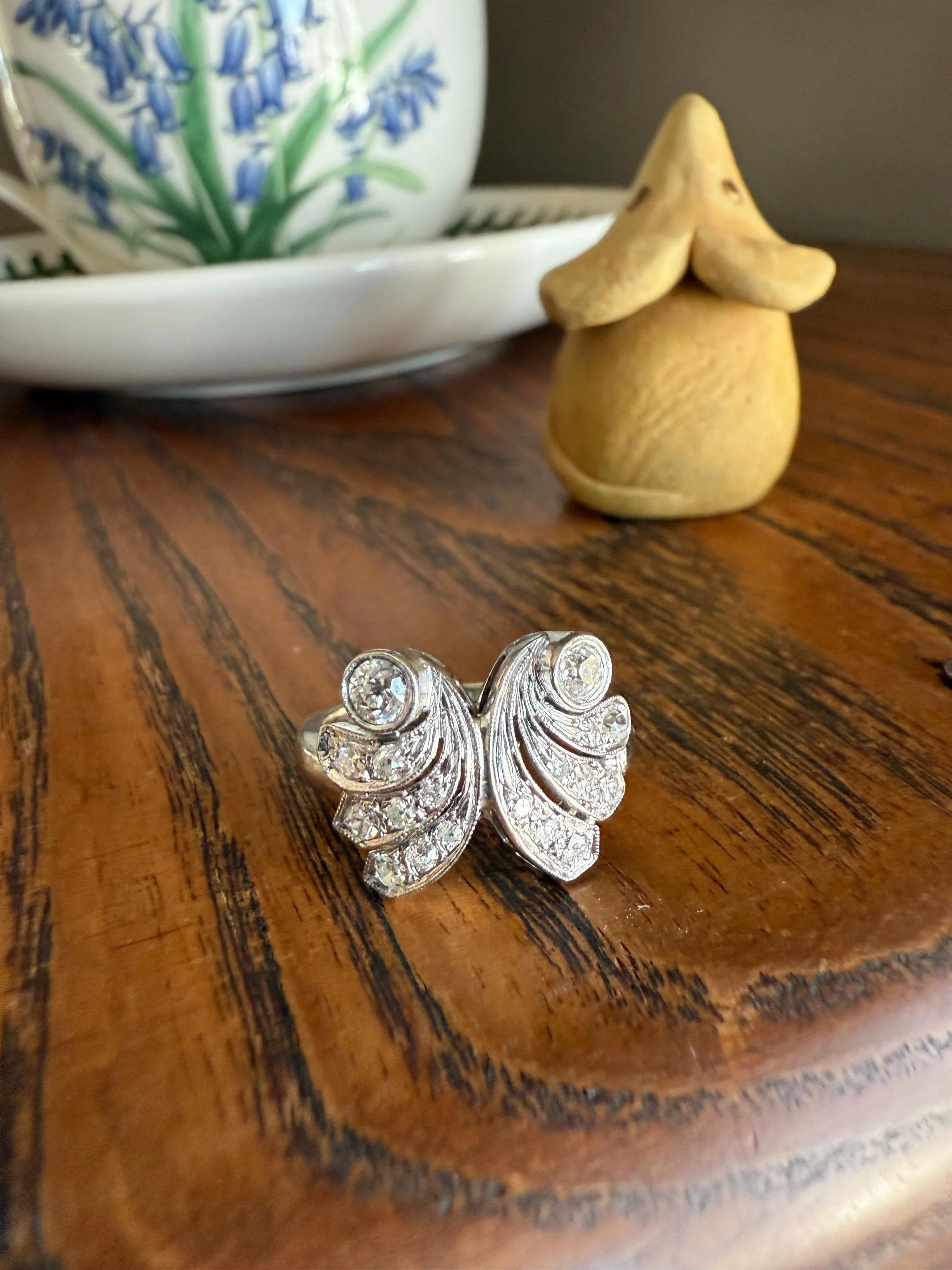 BUTTERFLY Ring Art Deco Old Mine Transitional Cut Diamonds Vintage Ring Flared Swirl Flared Fan 14k White Gold Unique Stacker - Image 8