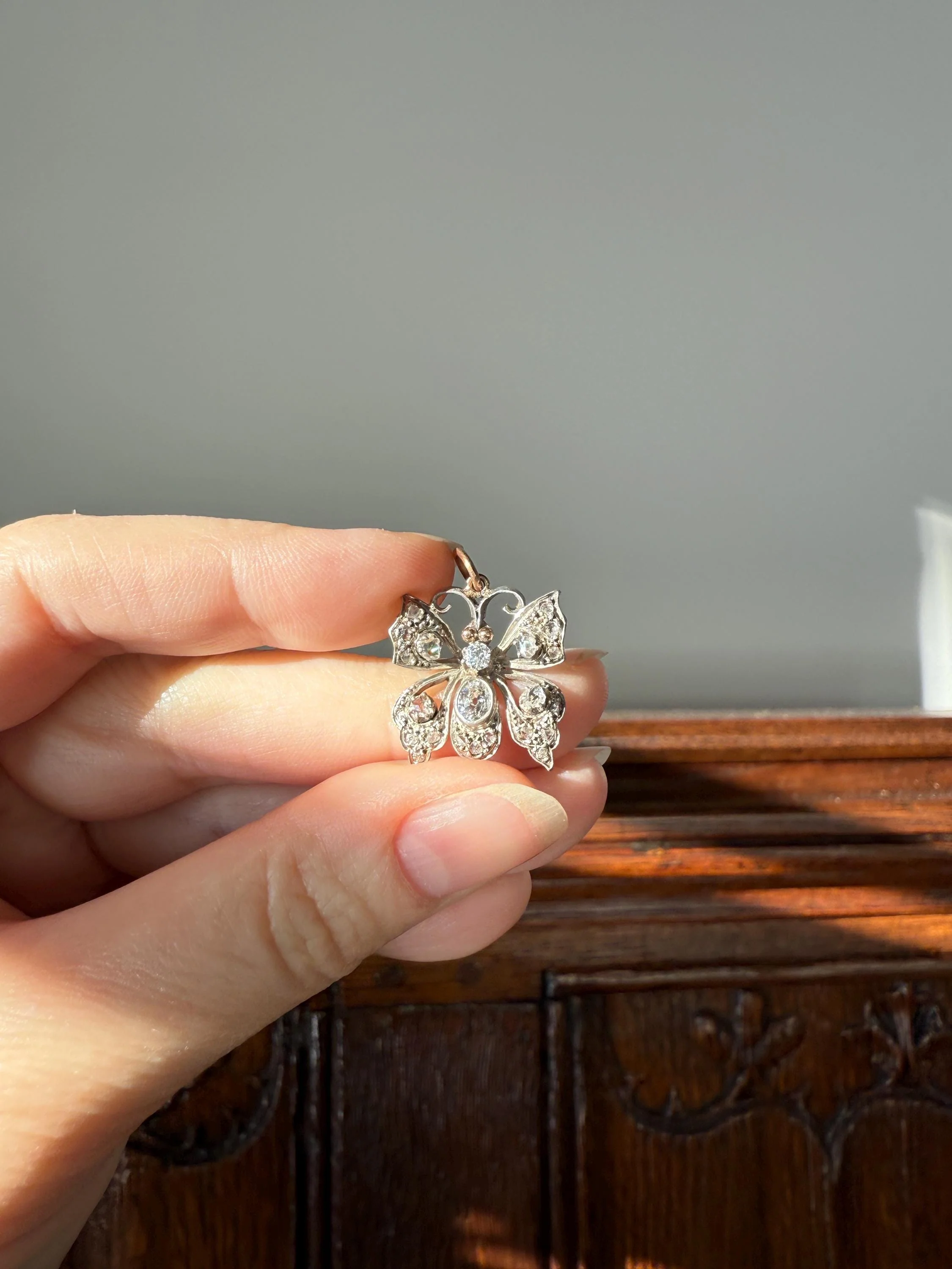 BUTTERFLY Victorian Antique Figural 18k Gold Solid Silver Old Mine Rose Cut Diamond French Belle Epoque Pendant - Image 10